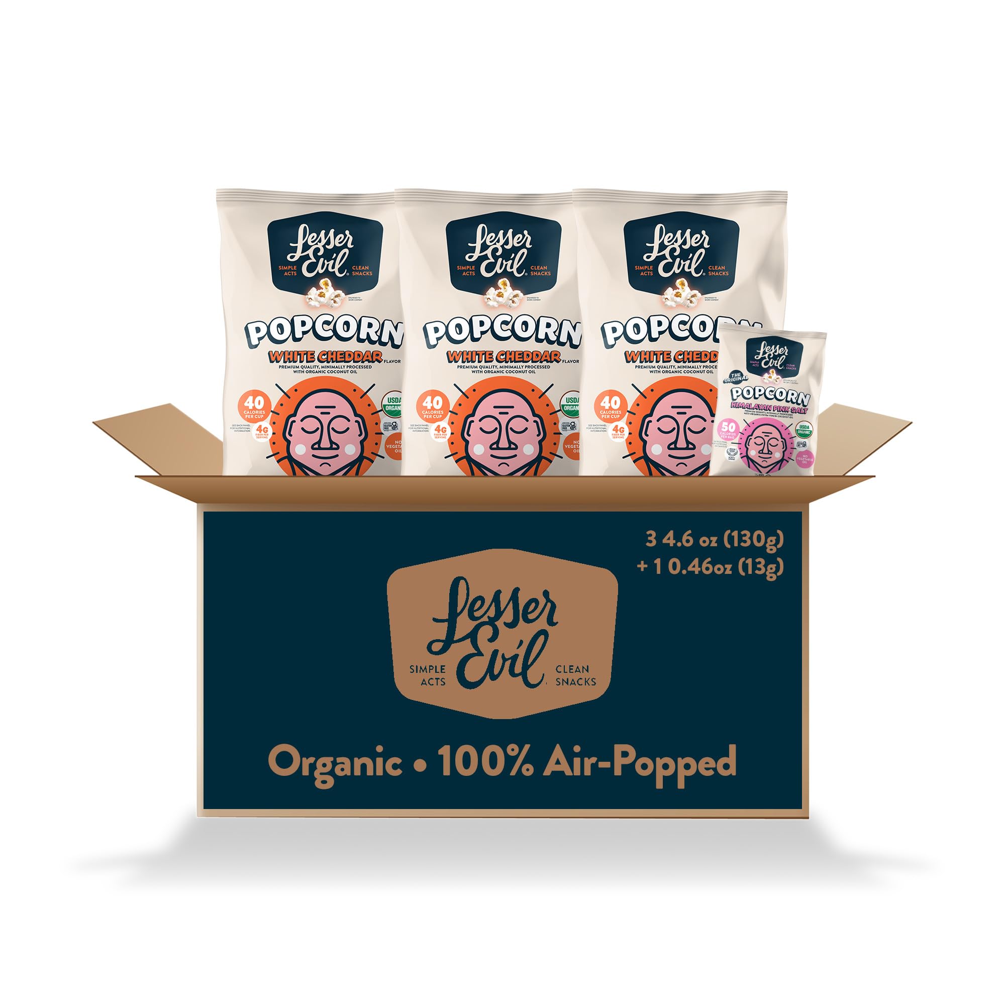 LesserEvil White Cheddar Flavor and Himalayan Pink Salt Organic Popcorn, Amazon Exclusive, Premium Quality, Minimally Processed, (3) 4.6oz White Cheddar Flavor Bags and (1) 50 Cal Himalayan Pink Salt