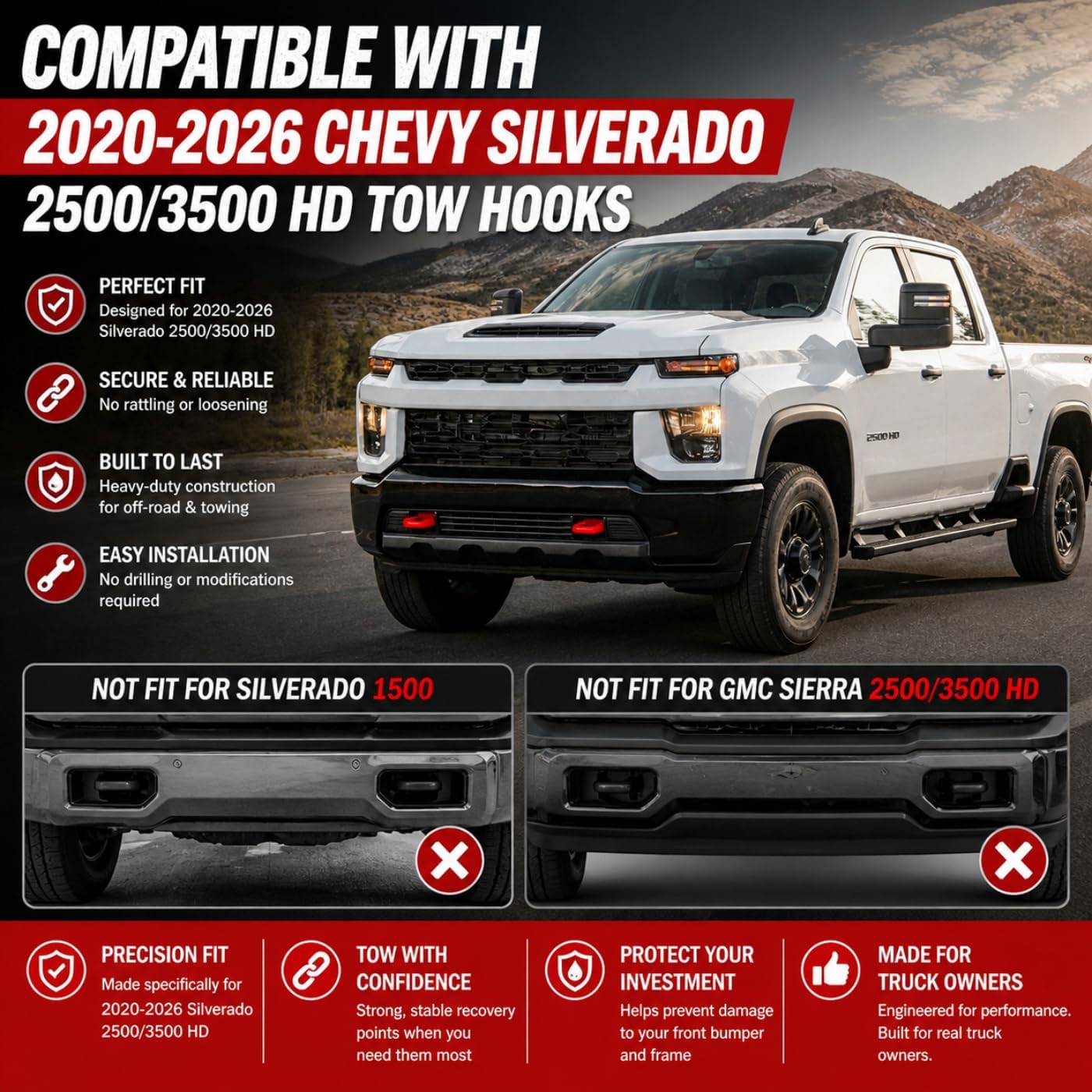 Tow Hook Covers for Silverado 2500HD 3500HD 2020-2026, Front Tow Hook Cover Compatible with Chevy Silverado 2500 3500 HD Accessories, Tow Hitch Covers Protector, Exterior Truck Accessories (Red)