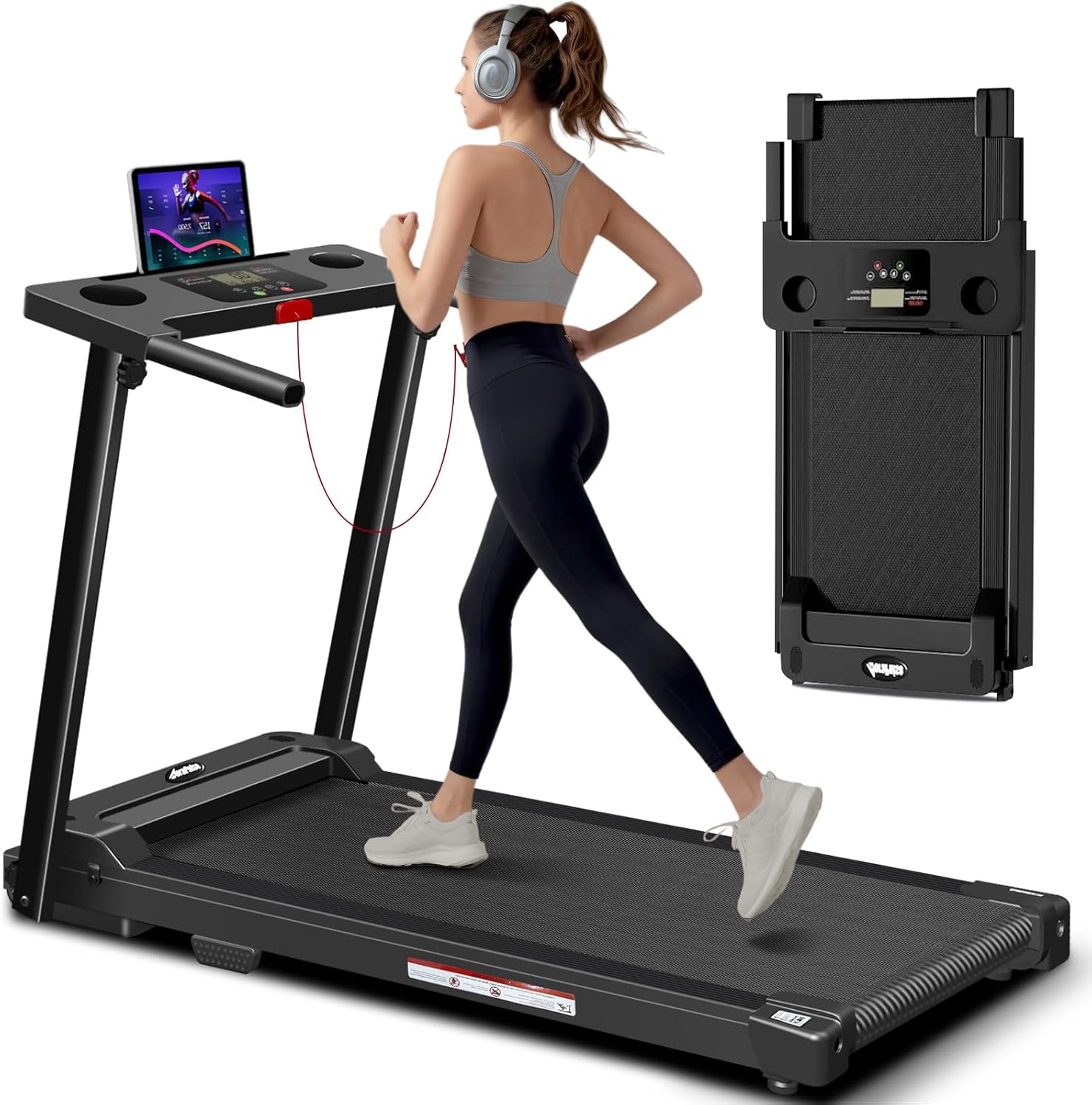 AoraPulse Portable Foldable Treadmills for Home, Small Folding Treadmill for Home Office with 300 LBS Capacity, Walking Running Exercise Electric Compact Treadmill with LED Display Black