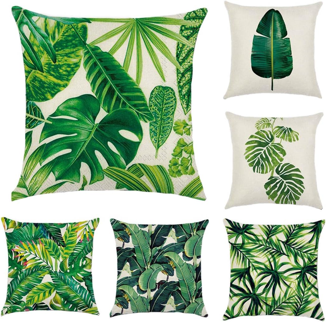 Zeafin Modern Simple Tropical Plants Series Cotton & Linen Burlap Square Throw Pillow Covers, 18 x 18 Inches, Set of 6 (Tropical Plants)