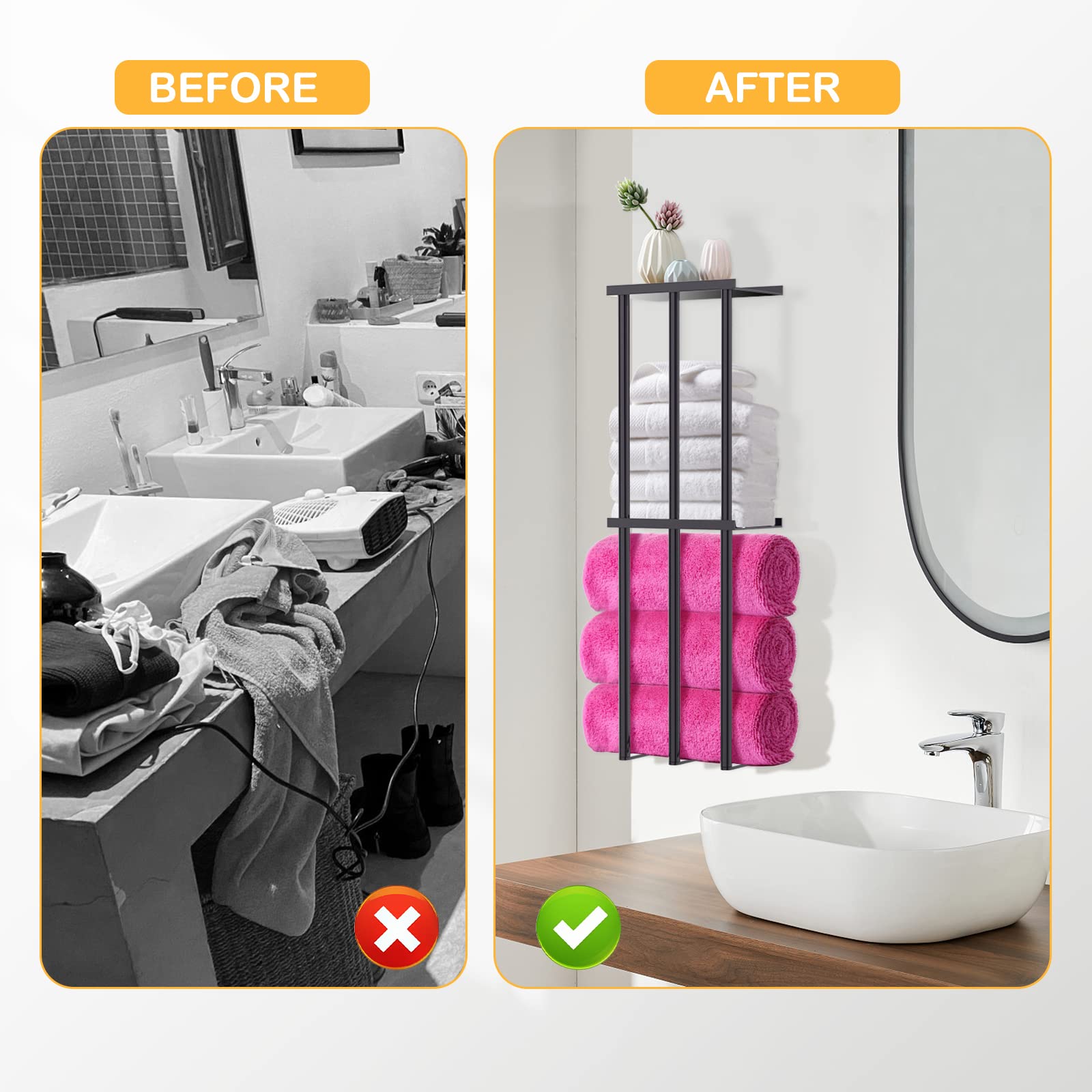 Towel Storage for Bathroom Wall,TooTaci Towel Storage for Small Bathroom,3 Bars Wall Towel Rack for Rolled Towels,Towel Holder Rack for Bathroom with 2-Layer Metal Shelf for Bath Towel Organized