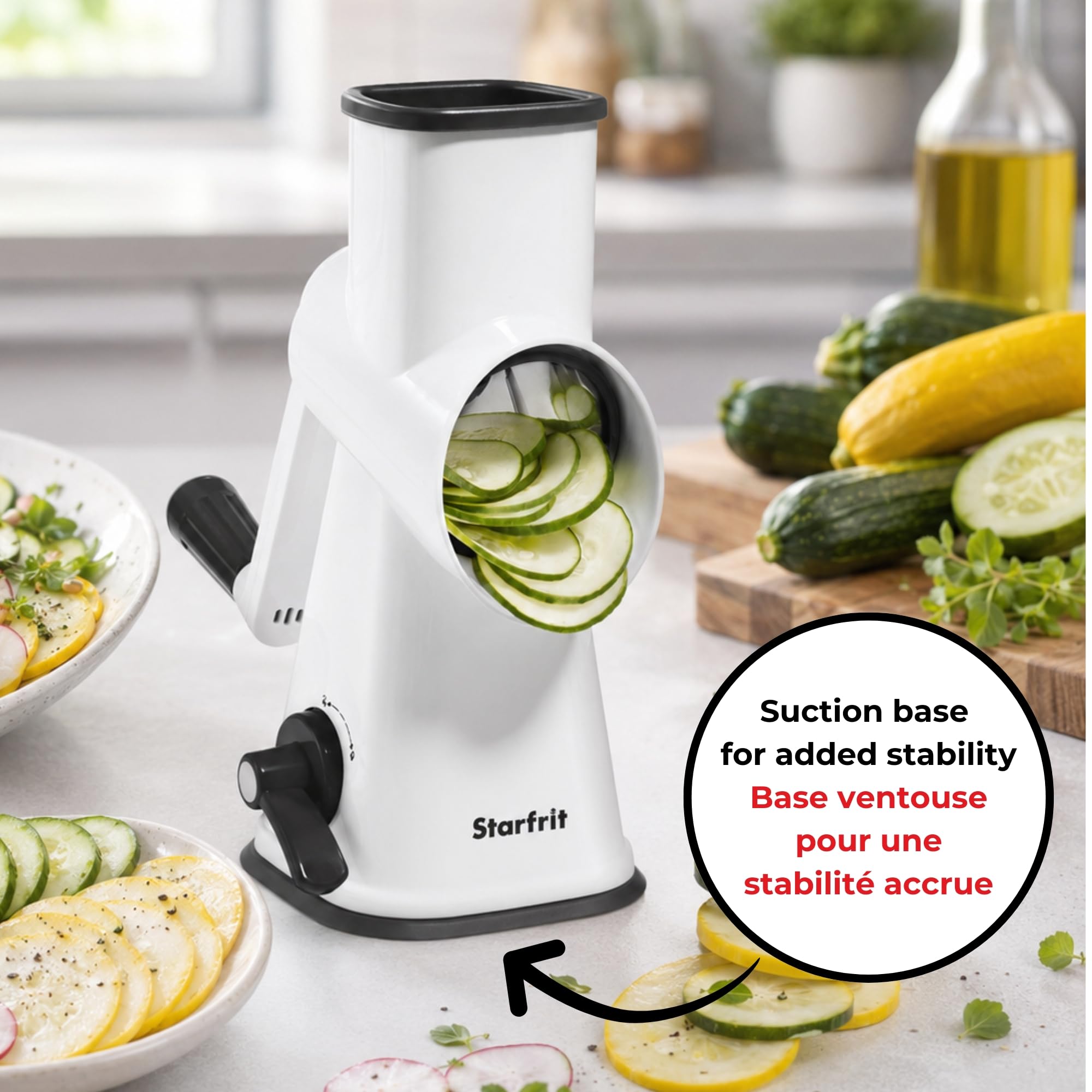 Starfrit Rallador de tambor rotativo - 4 tambores intercambiables de acero inoxidable - rebanar, rallar grueso y fino, afeitado de hielo - Ideal para verduras, queso, nueces, chocolate