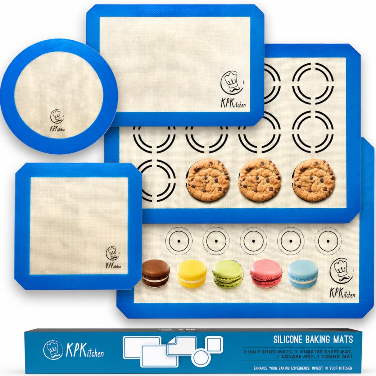 Silikon-Backmatten-Set mit 2 halbgroßen Matten + 1 viertelgroßen Matte runden und quadratische Kuchenform-Matte – antihaftbeschichtetes lebensmittelechtes Silikon wiederverwendbare Backmatten für