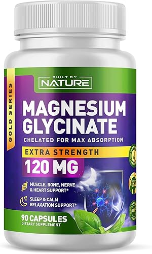 Built By Nature Glicinato de magnesio - Quelatado para una alta absorción - Suplemento para apoyar el sueño, la salud muscular, cardíaca y nerviosa