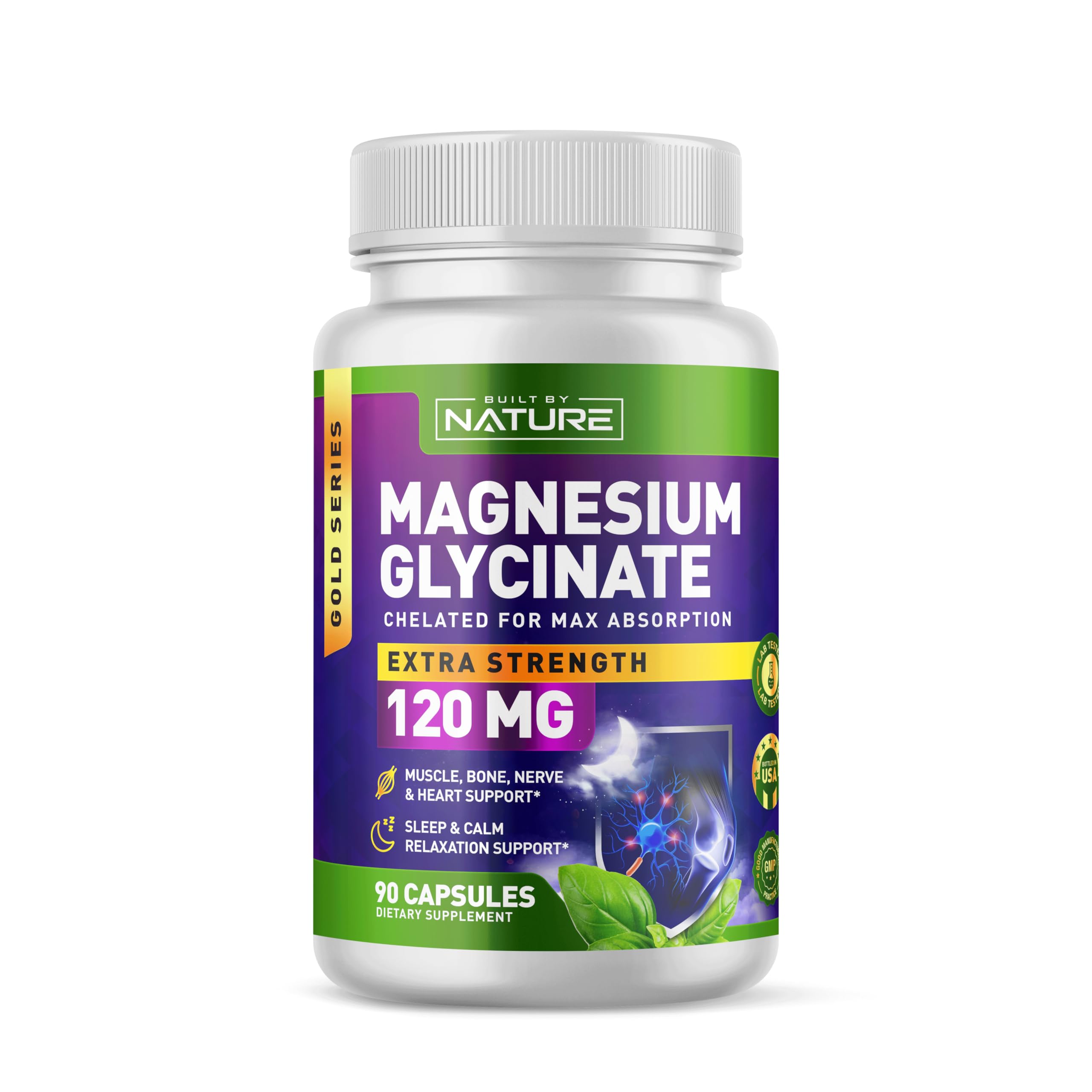 Built By Nature Magnesium Glycinate Supplement, 120 mg, 90 Capsules