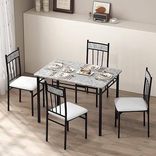 Miniatura 7 de Tangkula Juego de 4 mesas de comedor para 4, mesa de cocina y sillas con marco de metal y asiento acolchado, mesa de comedor y sillas, juego de 4
