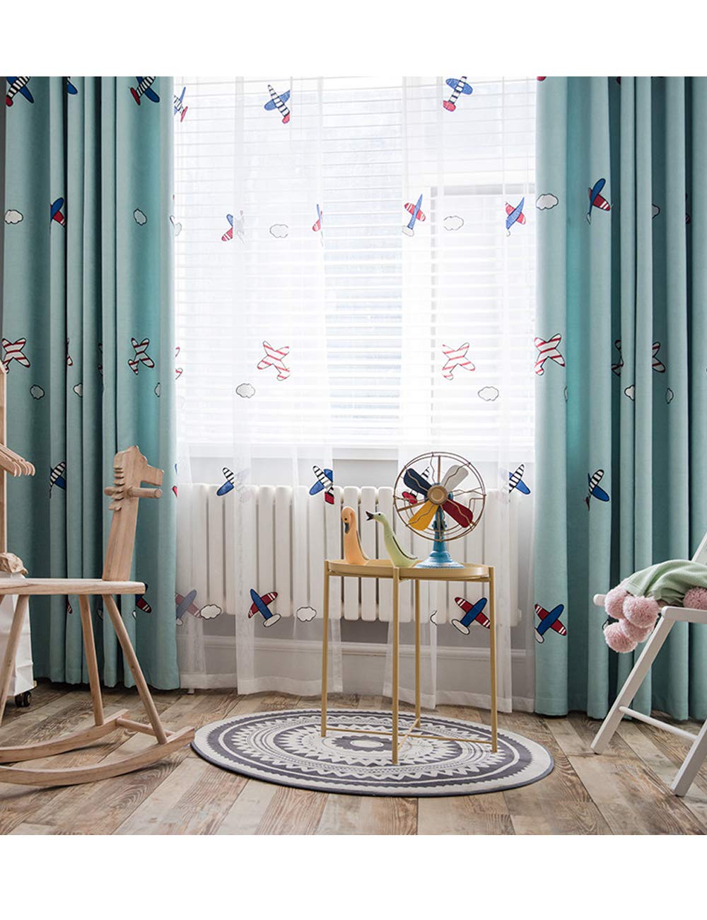 Lactraum Cortinas para habitación infantil con ojales, bordado, avión, opacas, turquesa, 100 x 245 cm
