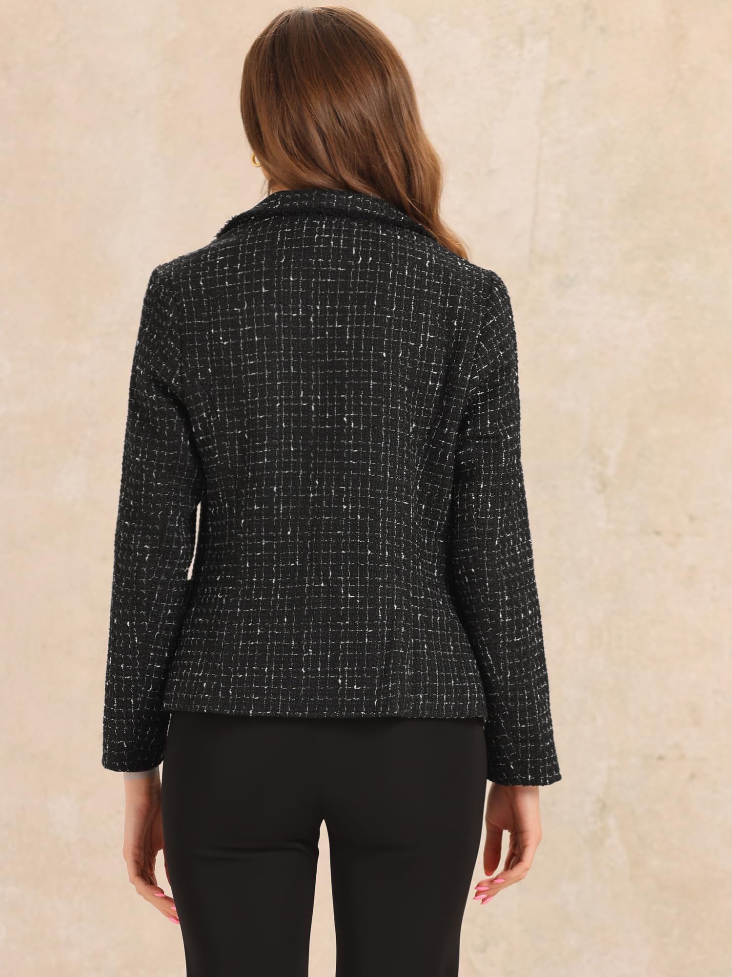 Allegra K Veste en Tweed à Carreaux Femme avec Bouton à Revers Cranté Blazer Élégant à Manches Longues | Style vintage élégant, manches longues, automne hiver, boutonné, poches avant