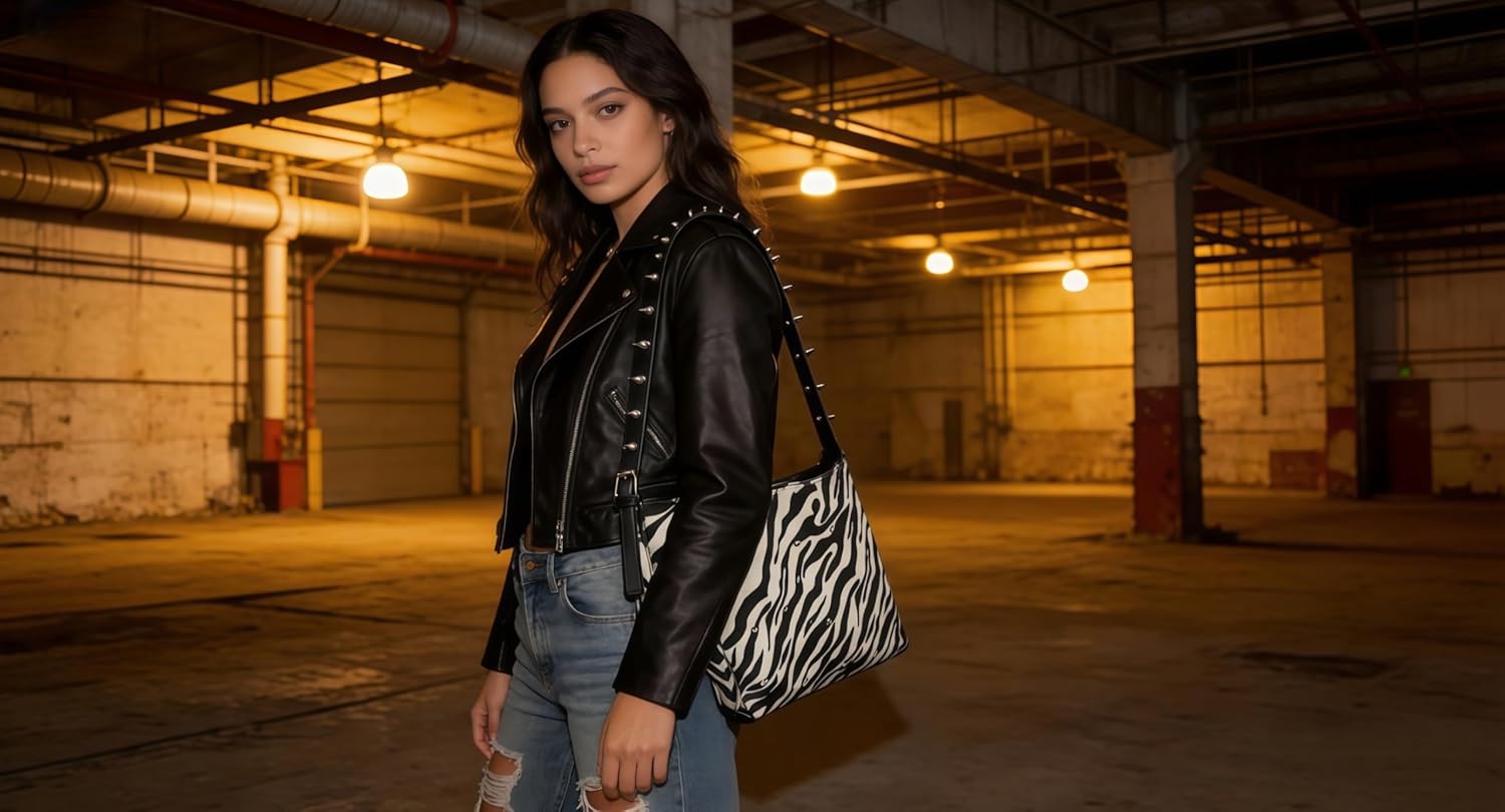 Fashion Animal Print Shoulder Bag, Black and White Zebra Pattern with Studded Details, Handbag