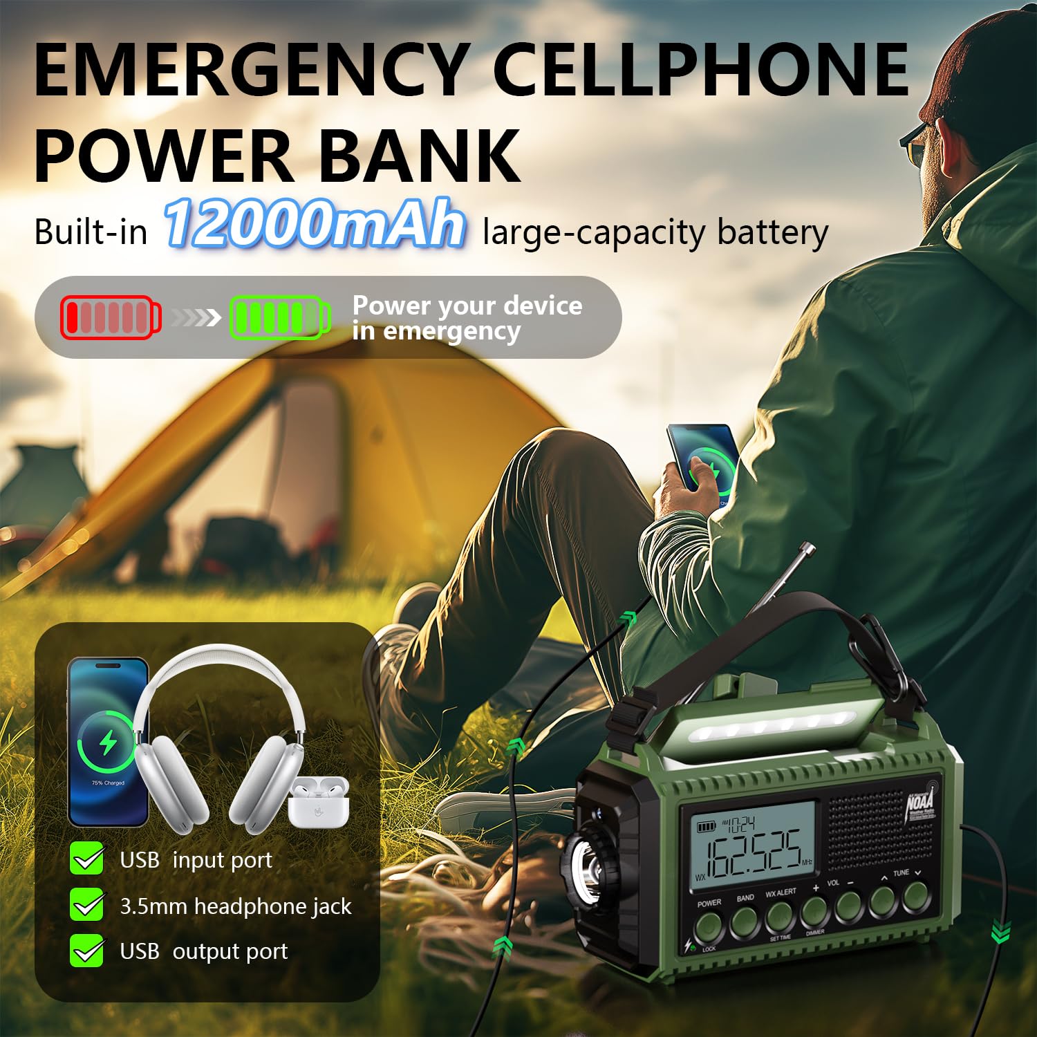 Radio di emergenza meteo 12.000 mAh, radio meteo di emergenza AUTO NOAA, radio solare a manovella, AM/FM/SW/NOAA, radio portatile allarme meteo, caricabatterie