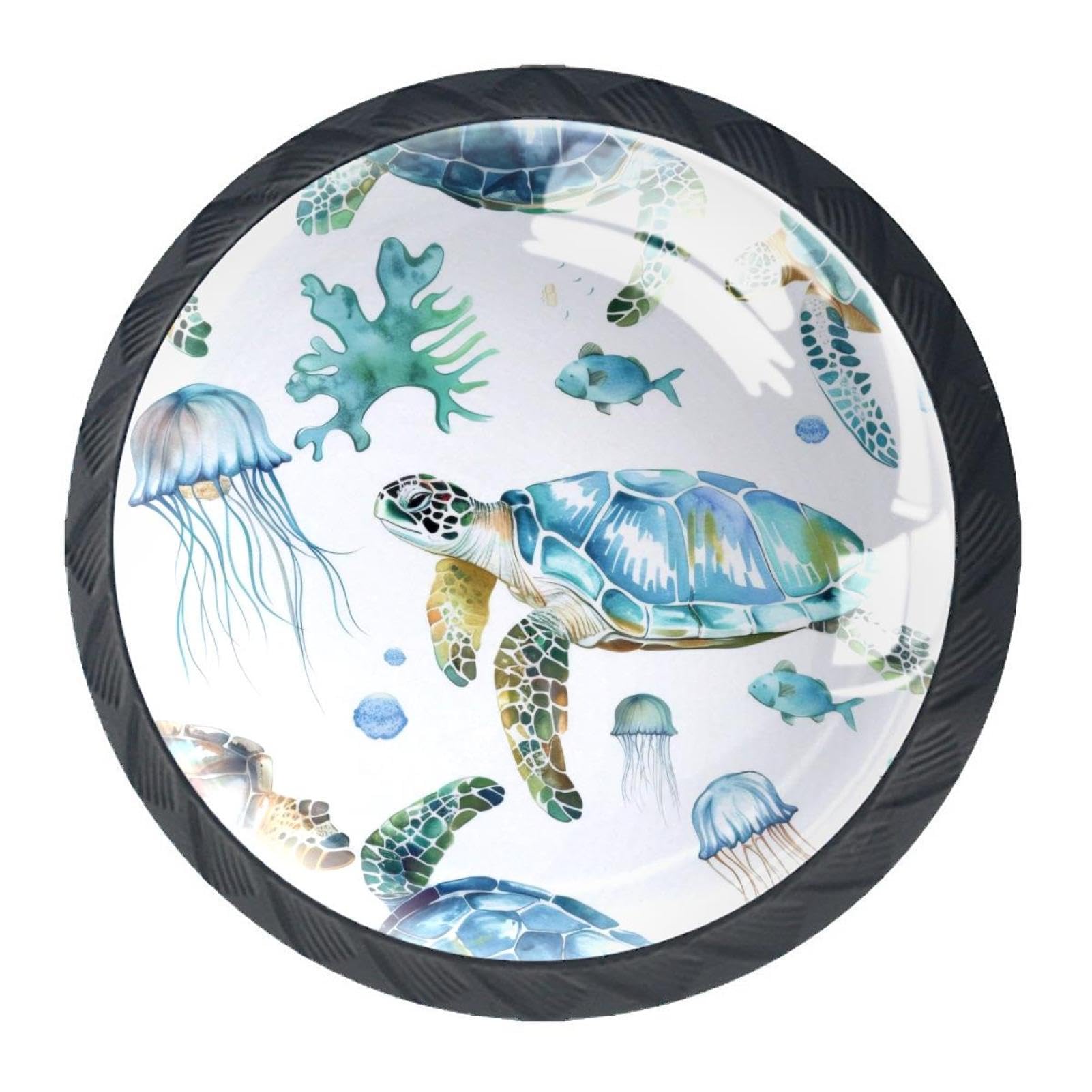 NEWzone 4 Pack Black Drawer Knobs Ocean Turtles Cabinet Knobs Kitchen Cabinet Hardware Glass Drawer Dresser Knobs for Cupboard Furniture Chest Bathroom