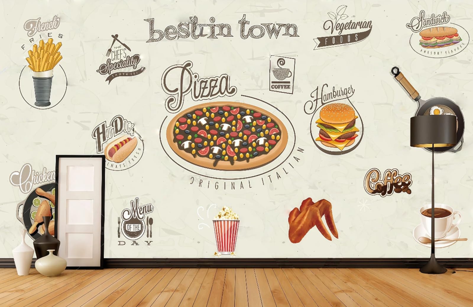 Ręcznie malowane tapety zachwycający motyw fast food hamburger Pizzeria zachodnia restauracja tło ściany mural popołudniowa herbata popołudniowa herbata, 3D, 200 x 140 cm