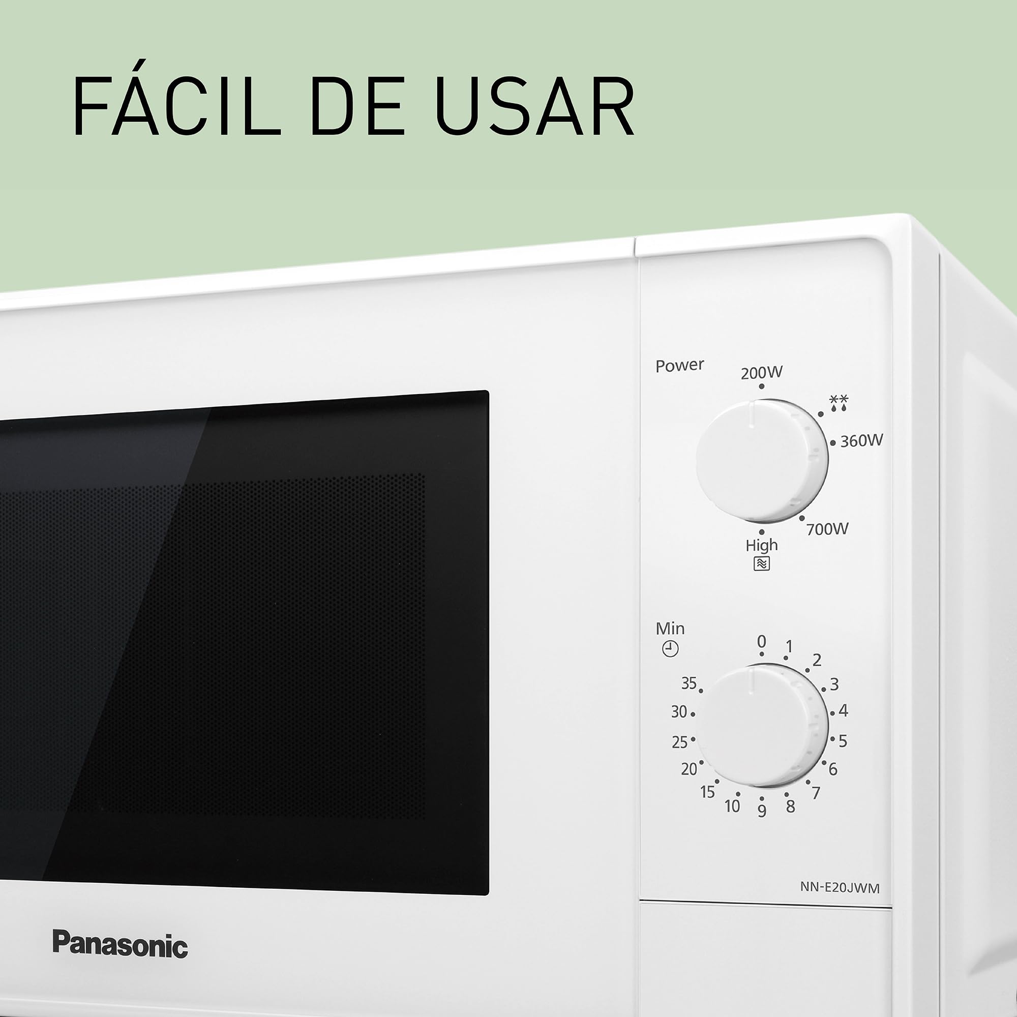 Panasonic NN-E20JWMEBG Horno microondas con Plato Giratorio de Cristal, 20 L, 800 W, Descongelación, 5 Niveles De Potencia, Temporizador, Blanco