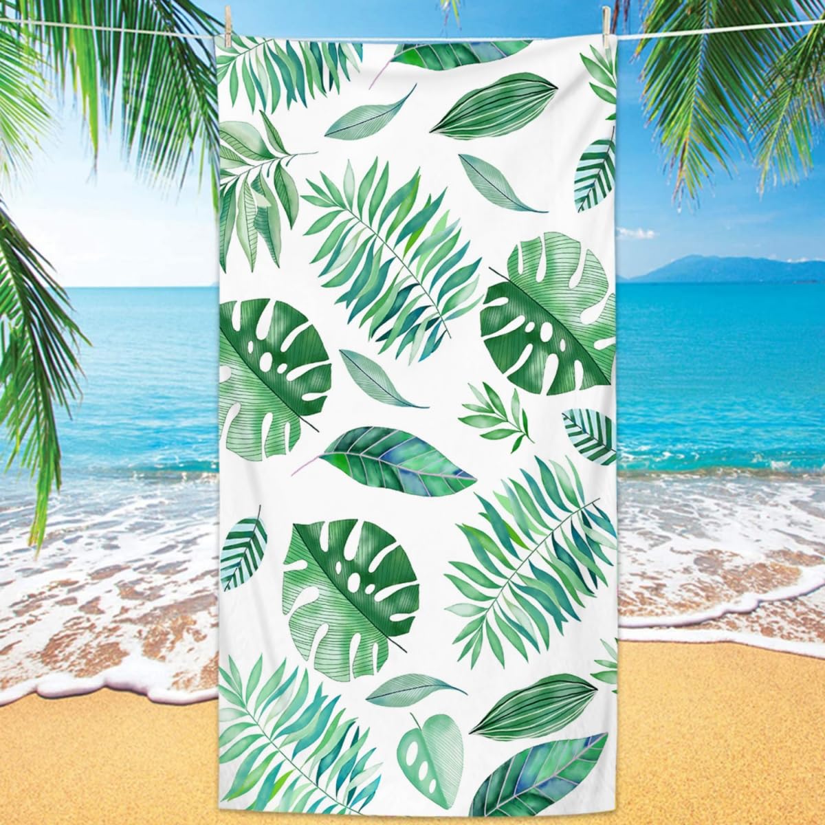 Toalla de microfibra de secado rápido y diseño de hojas verdes para deporte y piscina