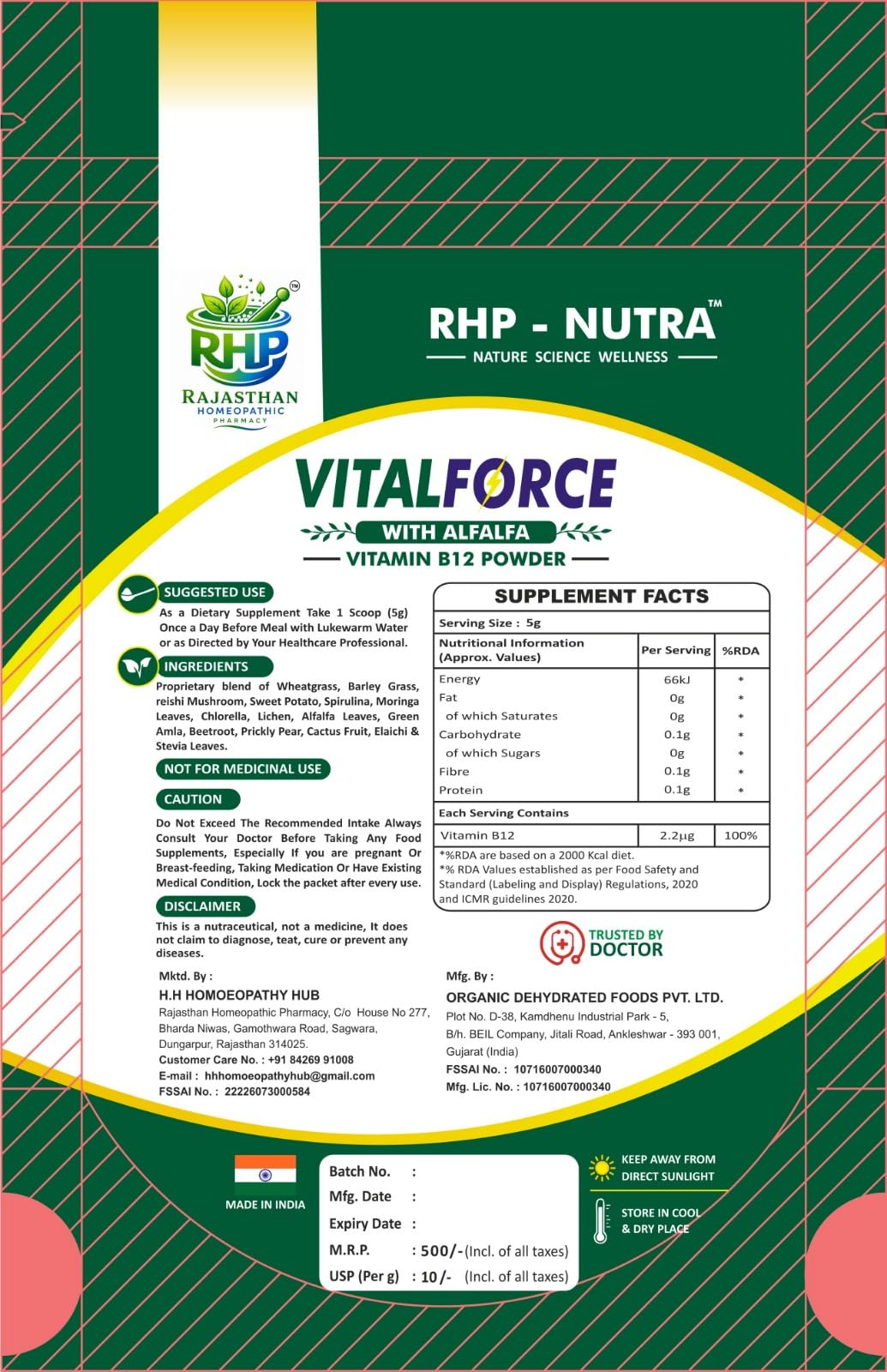 VitalForce Boost Vitamin B12 Powder with Alfalfa 50 GM | 100% Natural Ingredients Energy & Immunity Support Trusted by Doctor WHO GMP, ISO 22000, HACCP Certified , APEDA GUJARAT-image-0