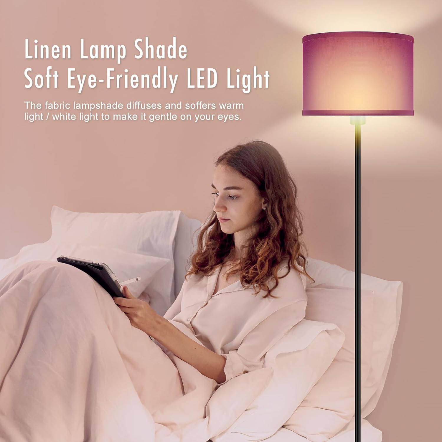 AUQUEE Floor Lamp, Standing Lamp, Modern Stand Up Lamps with Purple Lampshade, 59" Tall, Foot Switch, Simple Living Room Decor for Kids Room, Girls Room, Den, Office - Black(NO Bulb,E26 Base)