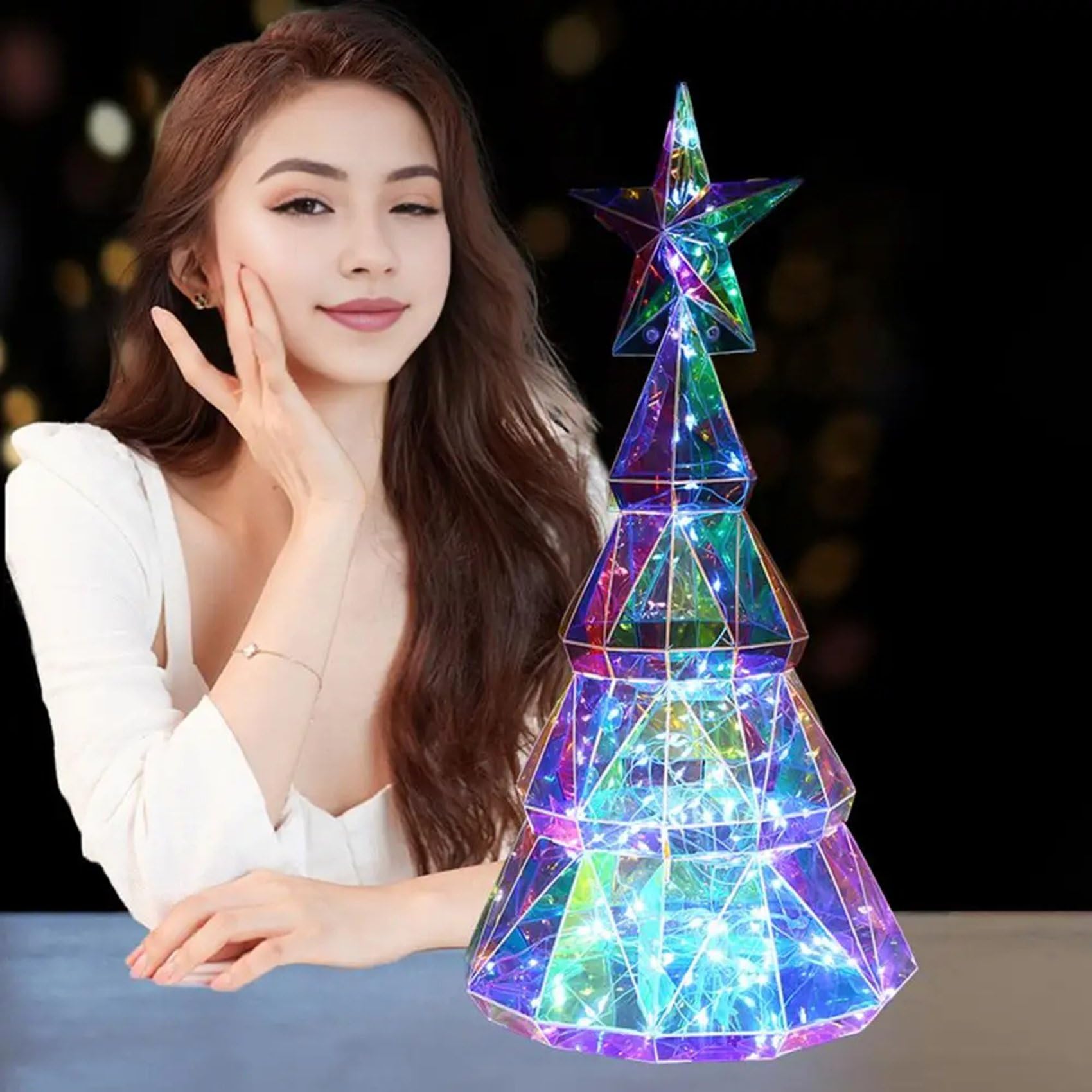2X Adorno de Luz Navideña, Figura de Árbol de Navidad Colorida Alimentada por USB con Estrella, Centro de Mesa Hecho A Mano para Navidad
