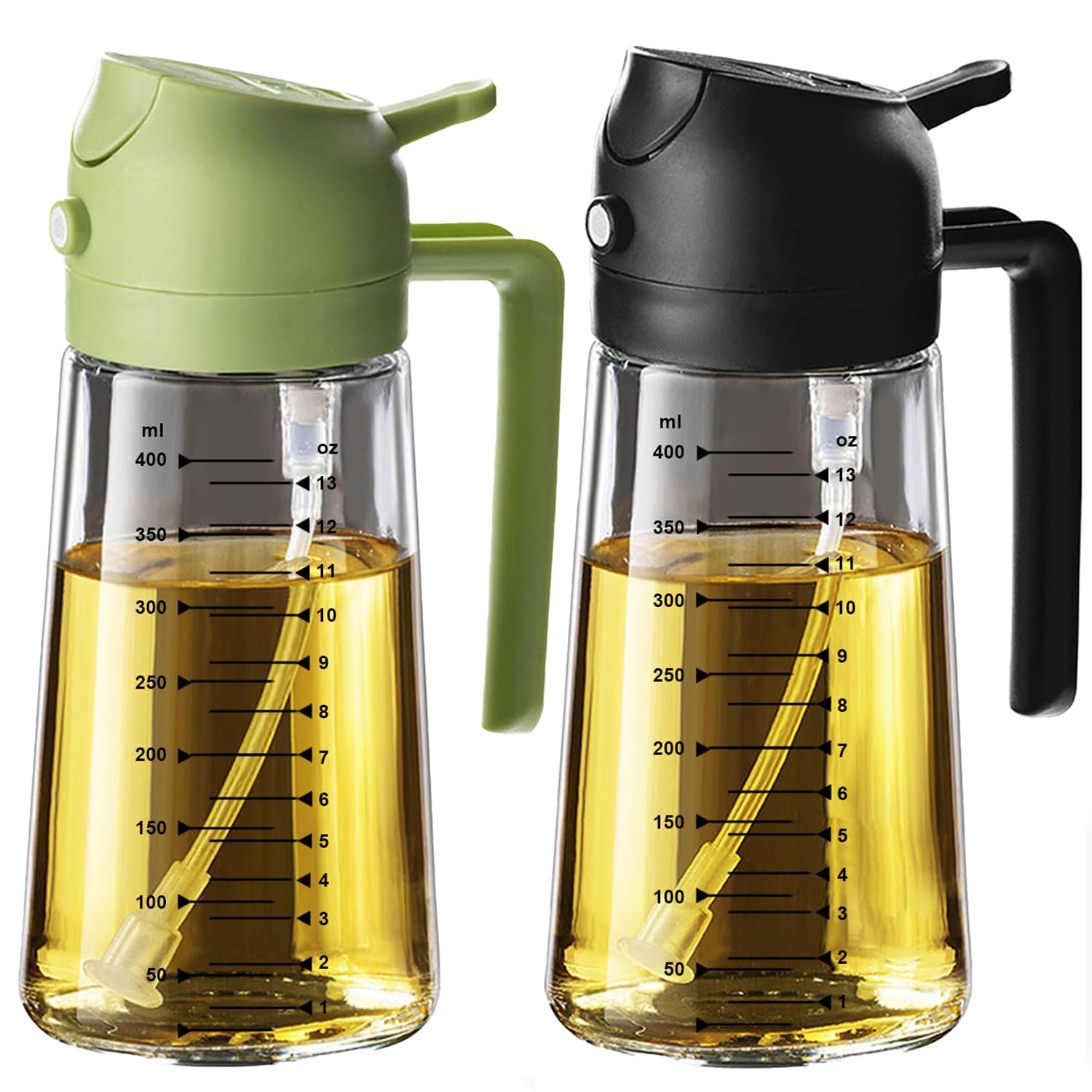 TrendPlain 16oz/470ml Glass Olive Oil Sprayer for Cooking – 2 in 1 Olive Oil Dispenser Bottle for Kitchen Gadgets and Air Fryer Accessories, Salad, BBQ - Black & Green