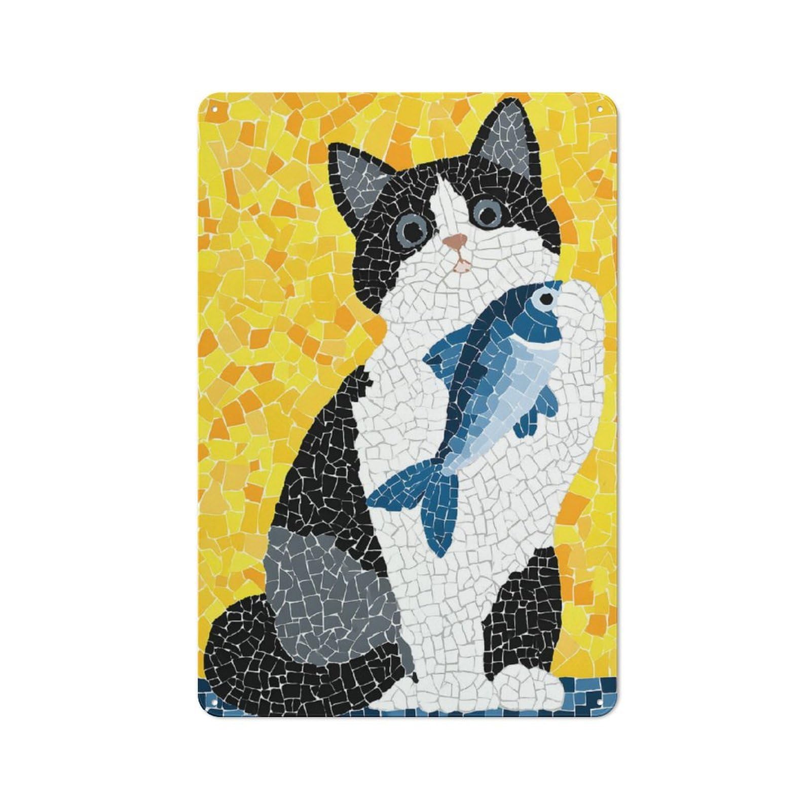 Junmoney Style-12 Mosaic Cat With Fish Retro-Style Tin Sign 30X20cm For Man Cave Or Games Room, A Metal Wall Feature For Games Rooms And Man Caves