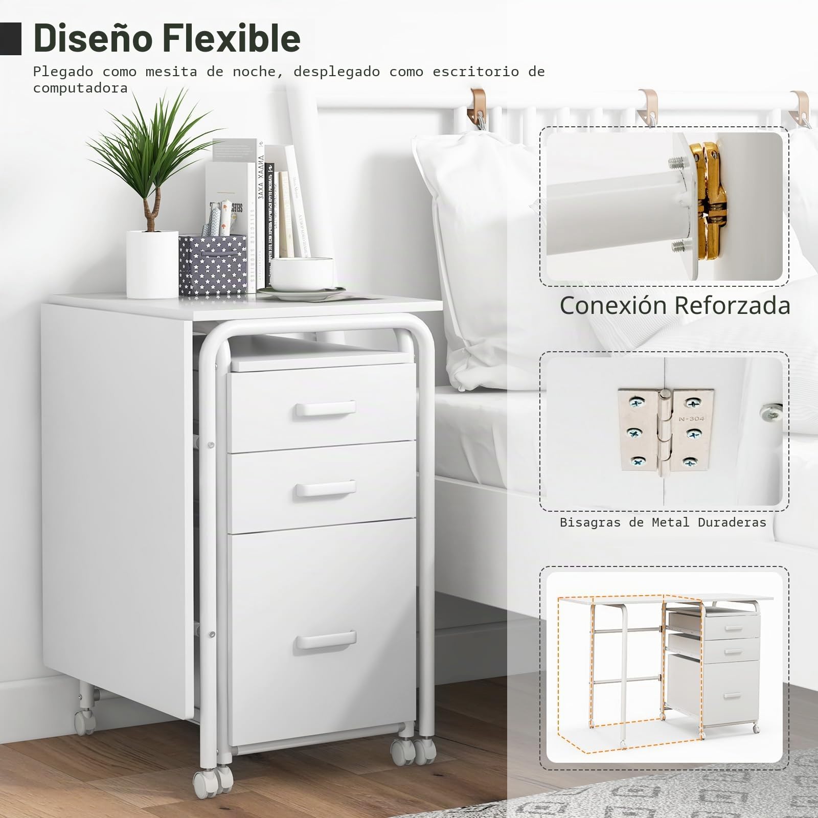 GIANTEX Escritorio de Ordenador Plegable con 3 Cajones de Almacenamiento, Mesa de Marco Metálico con Ruedas con Cerradura 360°, Mesa Auxiliar para Salón, Dormitorio (Blanco)