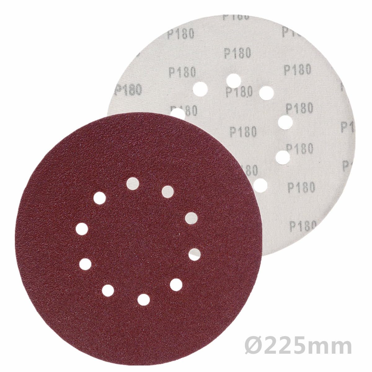 100 discos abrasivos de KLETT Ø 225 mm con 10 agujeros, grano P180, lijadora excéntrica de cuello largo, lijadora orbital de Bohrfux