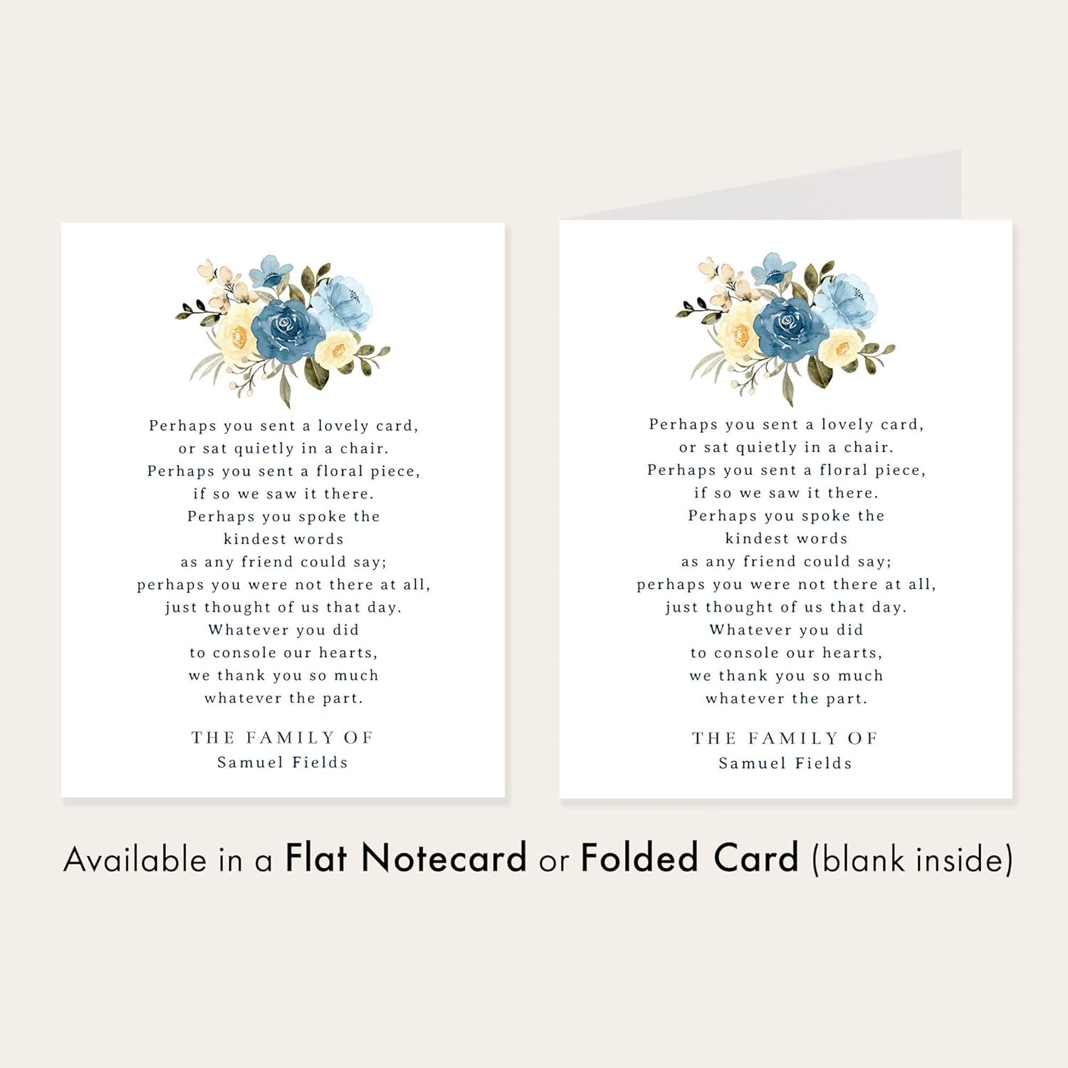 Personalized Funeral Thank You Cards with Poem and Blue Flowers, 4.25x5.5" Sympathy Acknowledgement Cards with Envelopes (Folded Card)