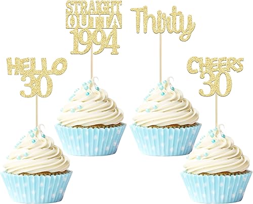 Gyufise Paquete de 24 adornos para cupcakes de 30 cumpleaños de 30 años, 30 rectas de 1994, Hello 30, decoración de pasteles, decoraciones de