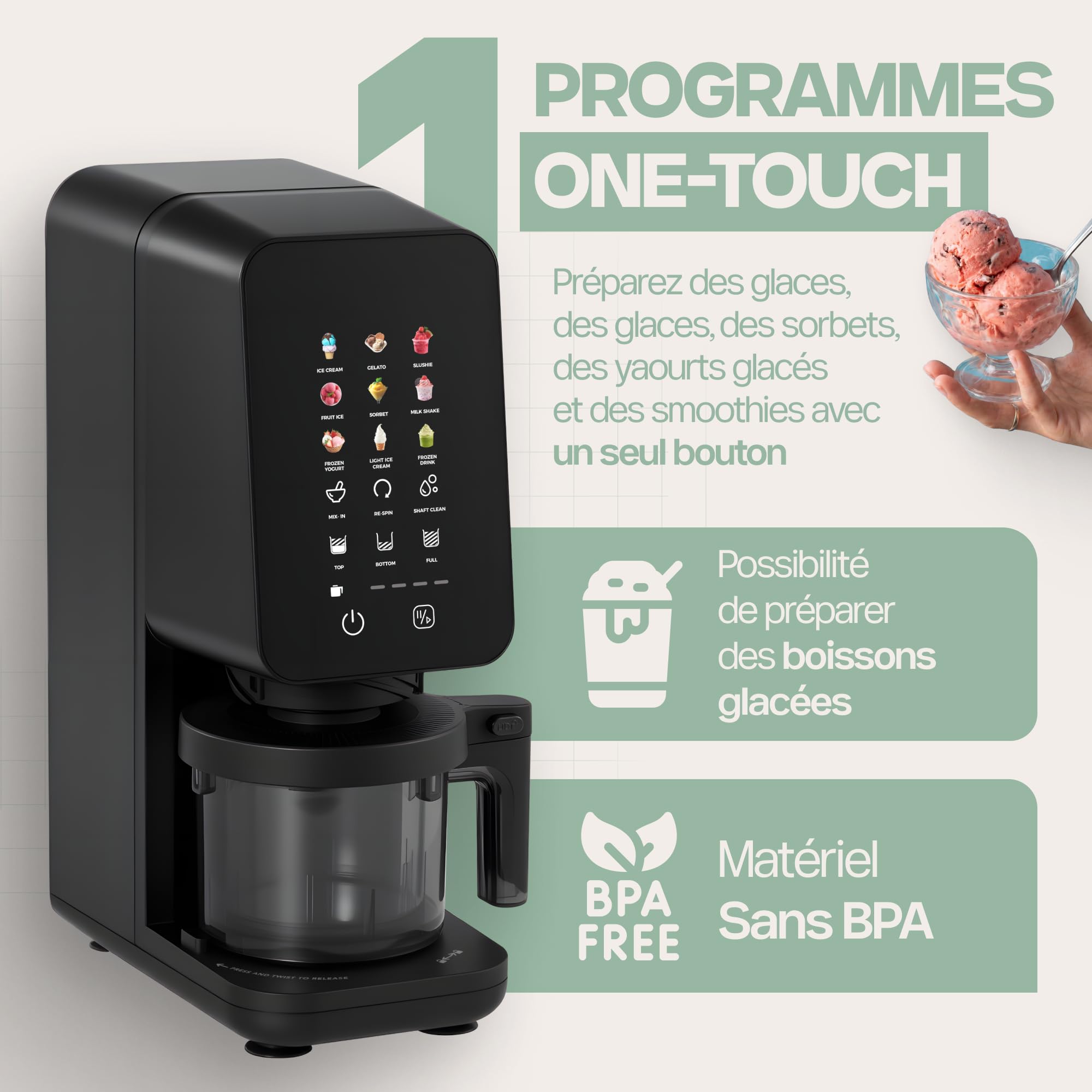 4Swiss Machine a Glace et Sorbetiere Granita Ice Cream Maker pour Slush Frozen Yogurt l’italienne Gelato Sorbet Milkshake Appareil Mélange d’ingrédients avec One-Touch MIX-IN Keto Noir - IB026