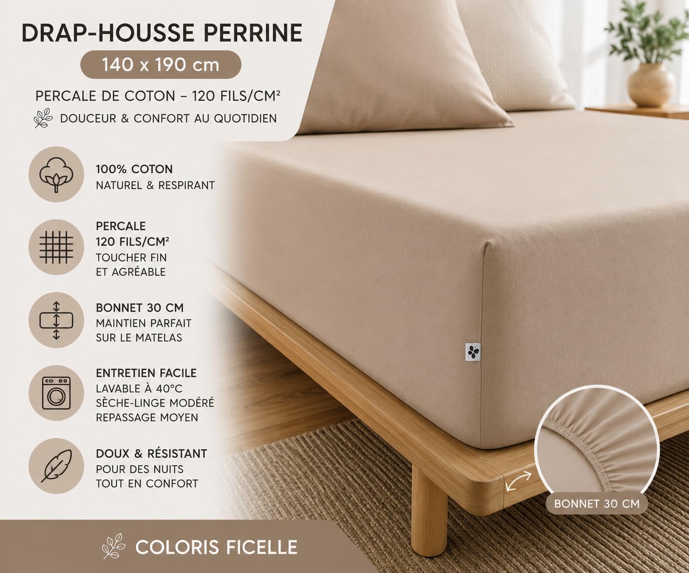 Drap-Housse 140 x 190 cm Percale de Coton 120 Fils Unie Perrine – Ficelle