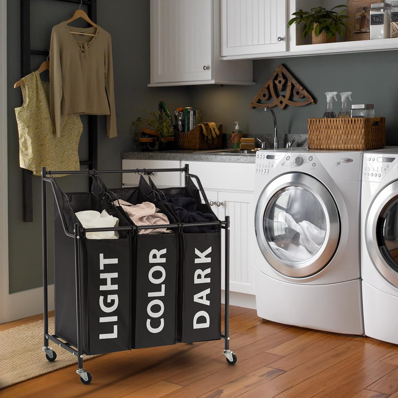 Mondeer Carrello Porta Biancheria con 3 Sacchi Rimovibili, Ceste per Bucato con Rotelle Universali, capacità Totale di 135 Litri,3x45L & 4x45L (Nero 01)