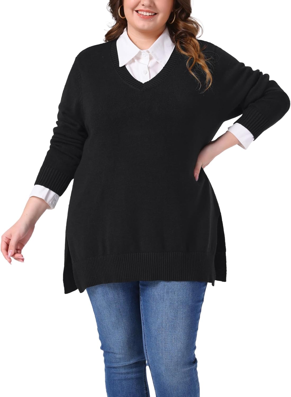 Agnes Orinda Plus Size Sweater for Women 2025 Fall Pullover Sweater Casual Loose V Neck Long Sleeve Side Split Jumper Tops