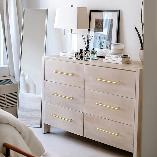 Miniatura 6 de KOPPALIVE Paquete de 6 tiradores de gabinete de cocina de latón macizo, manijas de barra en T modernas doradas, asas martilladas centrales de 5