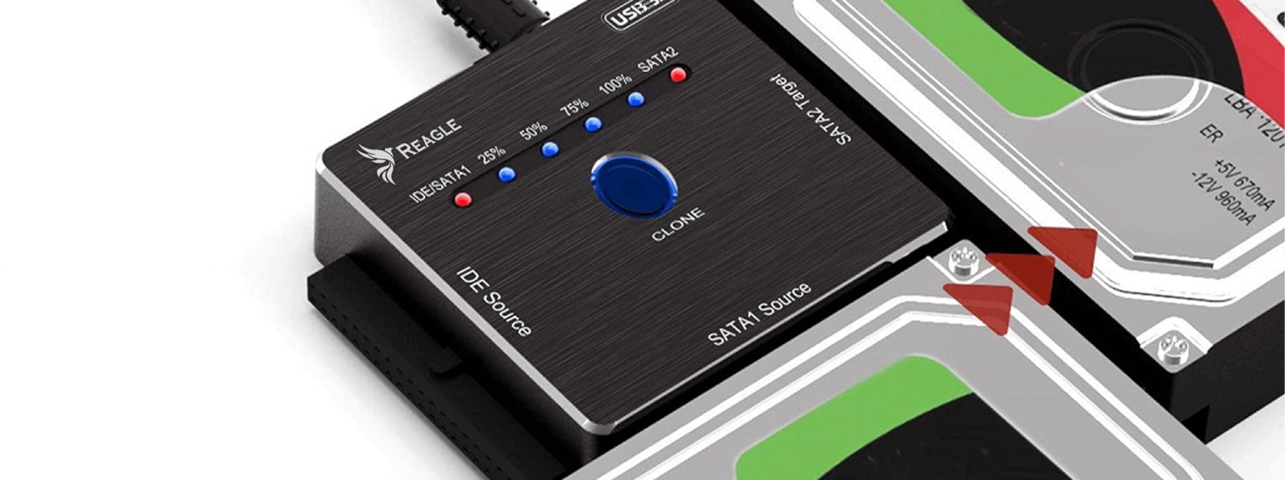 Reagle Adaptador USB SATA IDE con Función de Clonación Offline, Convertidor HDD SSD hasta 16TB, USB 3.2 Gen 1 5Gb/s, para Discos 2,5 y 3,5 Pulgadas SATA I/II/III IDE, Lectores CD DVD, Windows Mac