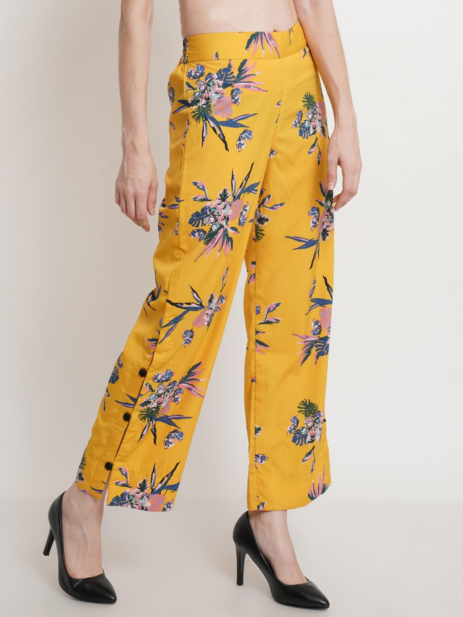 Popwings Casual Yellow Floral Printed Regular Fit Palazzo For Women Palazzos For Women