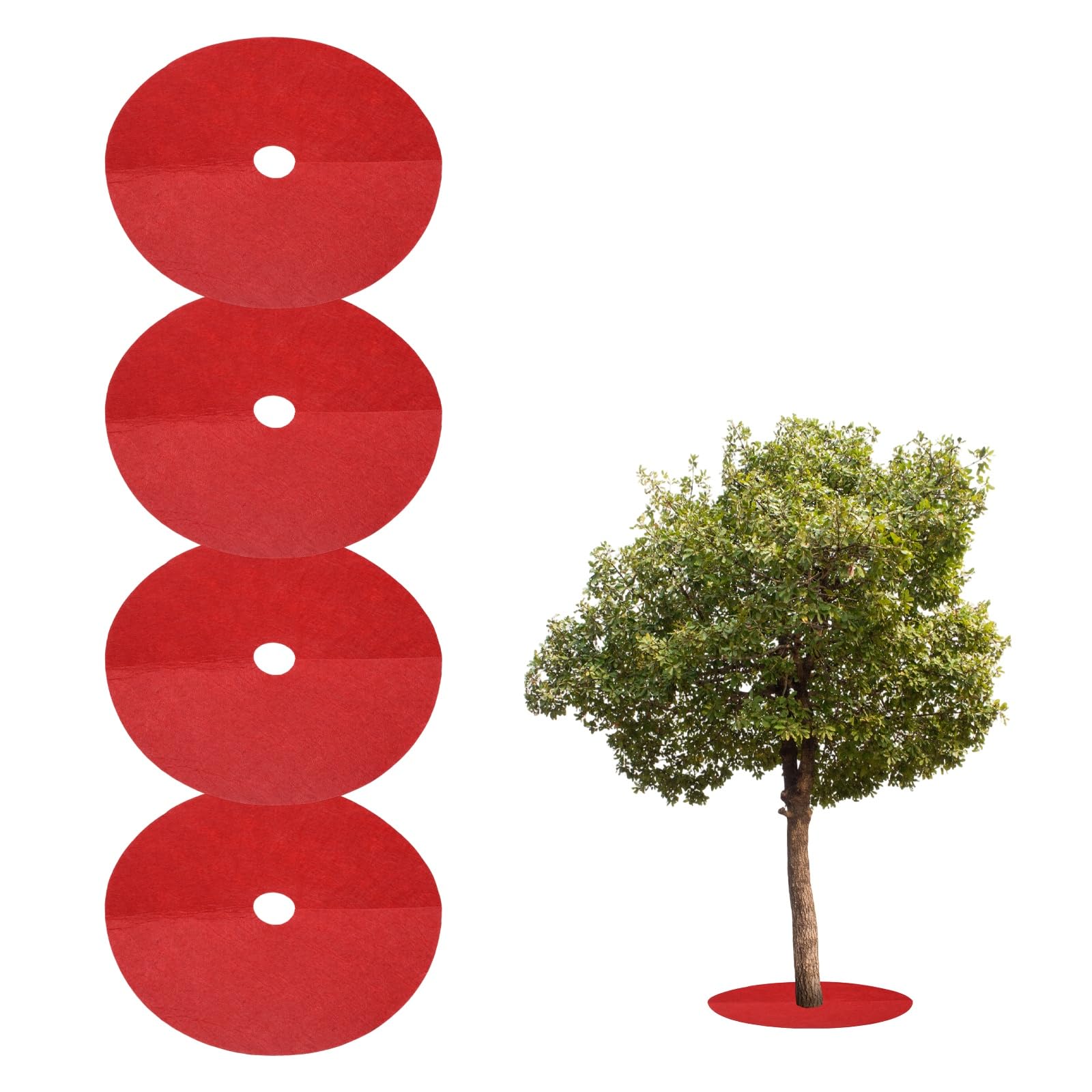 sourcing map 4pcs Tree Mulch Ring 25cm Non-Woven Round Tree Protector Weed Barrier Mat Plant Cover Rings for Weed Grass Control Root Protection, Red