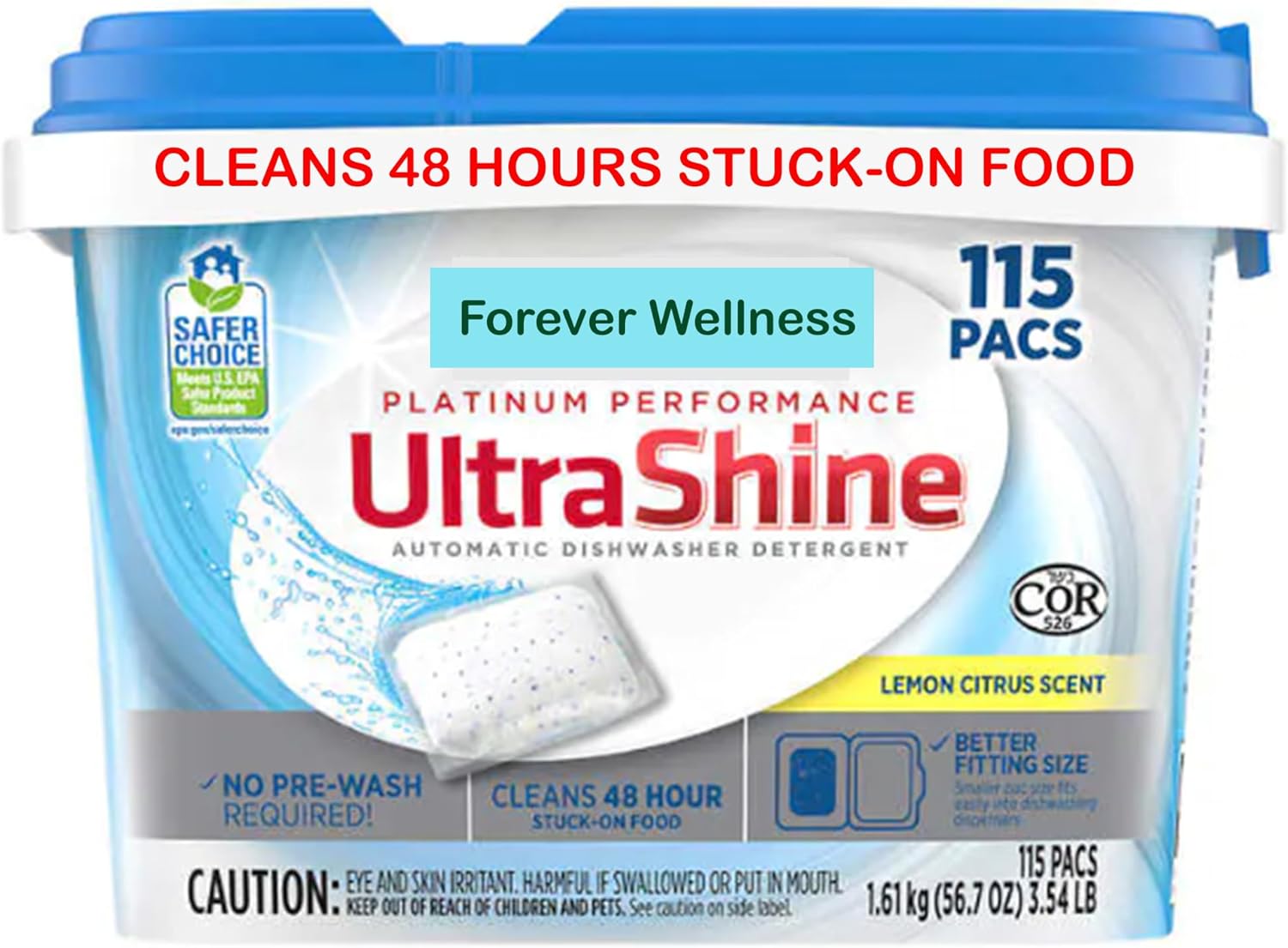Forever Wellness Platinum Performance UltraShine Dishwasher Detergent Pacs Compatible with Kirkland Signature, 115 CT, No Pre-Wash Required, Lemon Citrus Scent, Certified Safe for Human Health