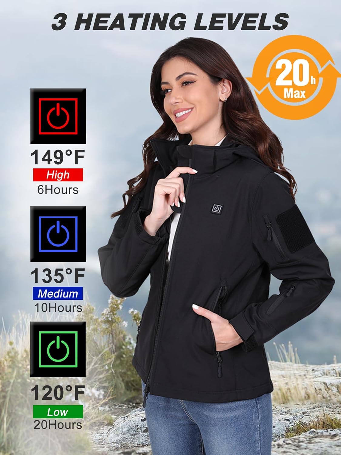 Heated Jacket for Women with 2 12V/10000mAh Battery Pack, Women's Soft Shell Electric Jackets, Outdoor Heated Coat - Image 2