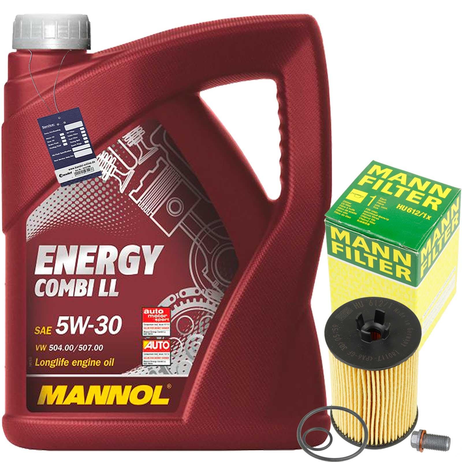 Mann Ölfilter+Mannol Combi LL 5w30 | HU612/1 X+Mannol 5W30 229.51+Schraube Kompatibel mit A-Klasse (W169),B-Klasse Sports Tourer (W245)