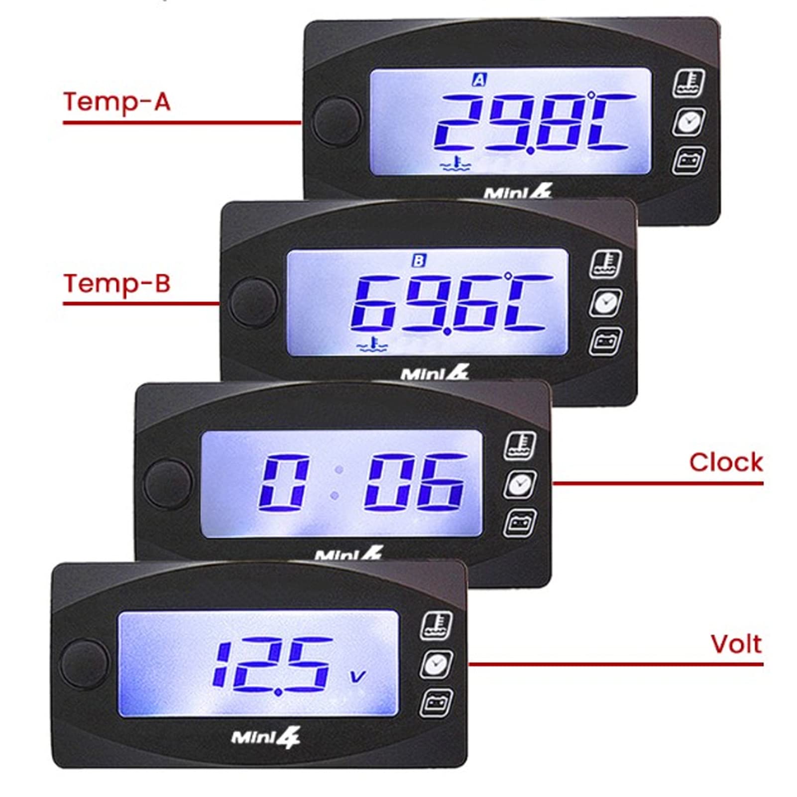 Voltmetro Digitale Per Moto Con Sensore Temperatura - LCD, Display Tensione, Ora E Temperatura Olio/Acqua - Foto 12