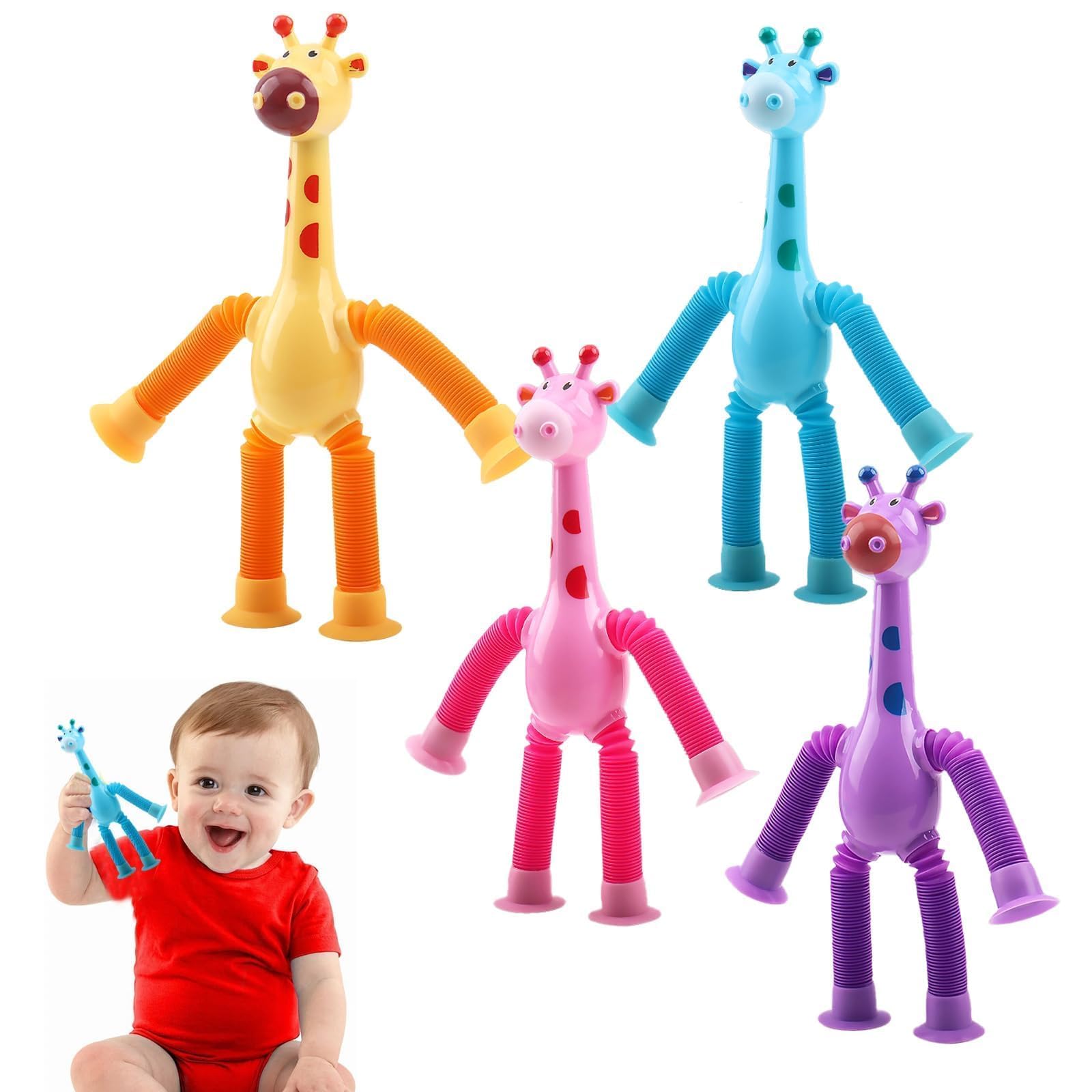 4 Pcs Telescopic Suction Cup Giraffe Toys for Toddlers,Stretchy Giraffe Tubes Toy,Funny Parent-Child Interaction Puzzle Toys,Multiple Colors Suction Toy Set,Ideal for Toddlers Kids