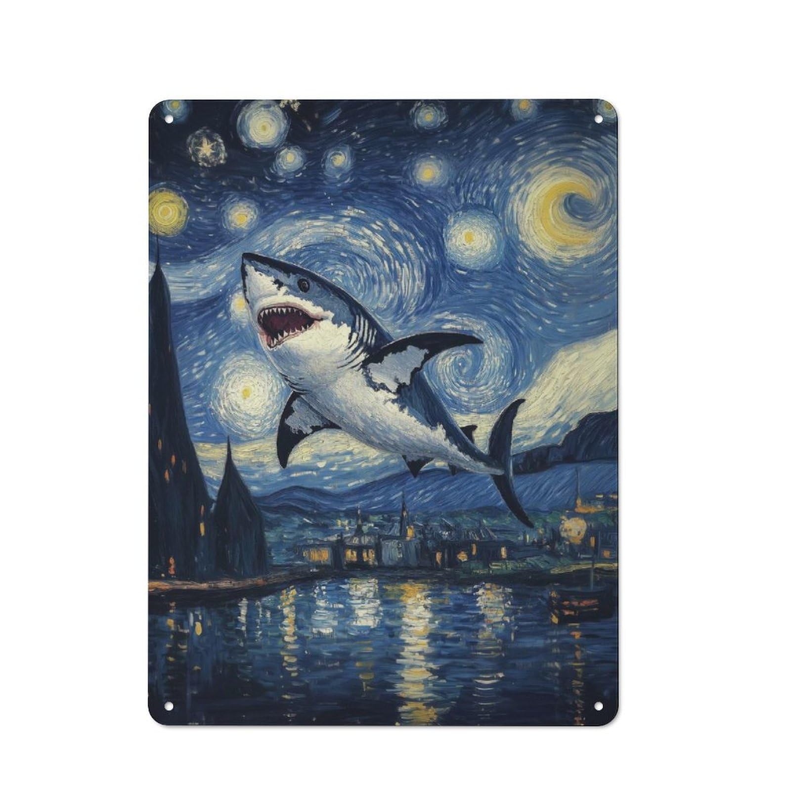 Junmoney Shark In Starry Night Vintage Metal Plaque 40X30cm For Dining Room Or Kitchen, For Dining Room Decor Fans