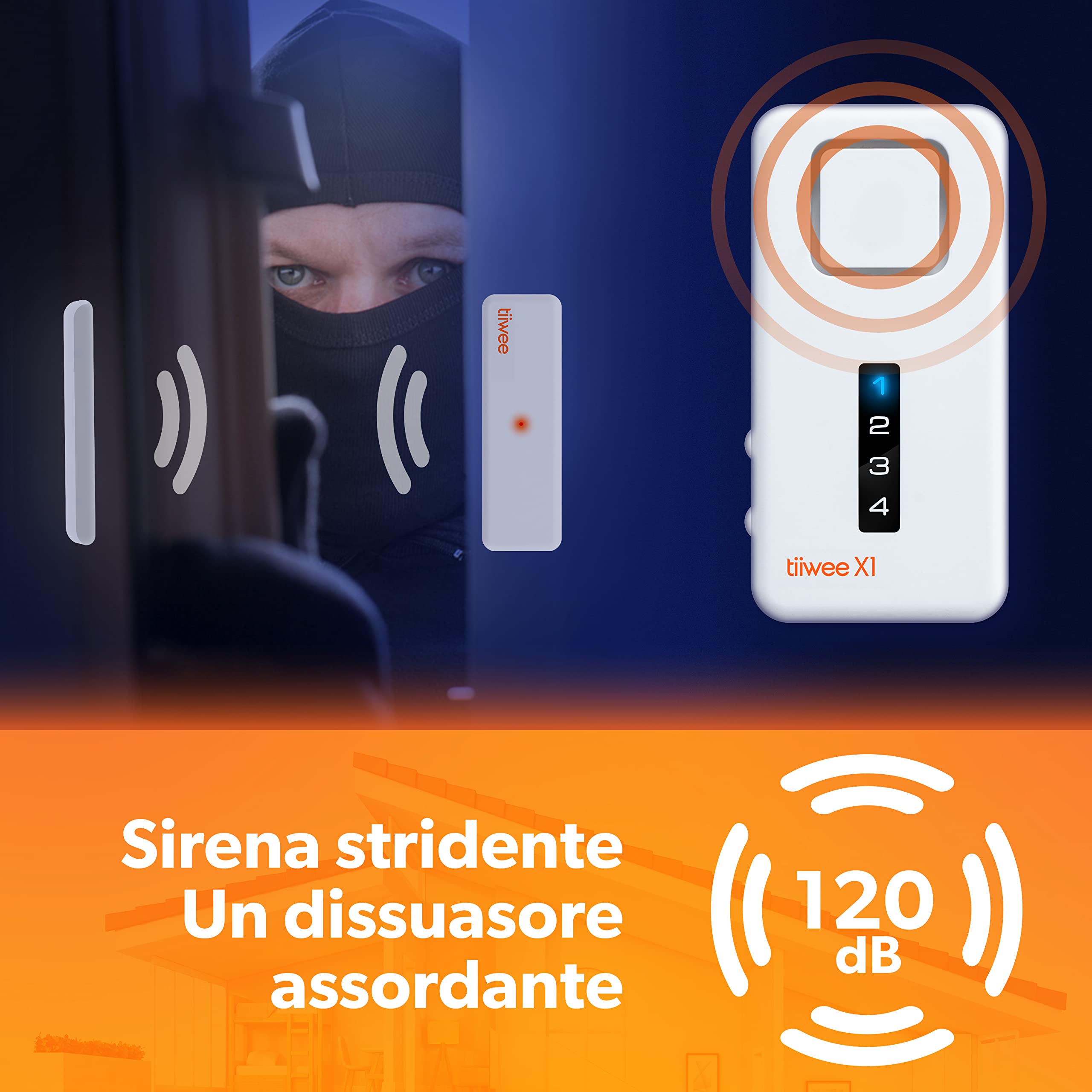 tiiwee Sistema di Allarme per Porte e Finestre - Sistema di Sicurezza con Potente Sirena, 4 Sensori per Porte e Finestre e 2 Telecomandi - Protezione Antieffrazione Casa, Appartamento, Garage