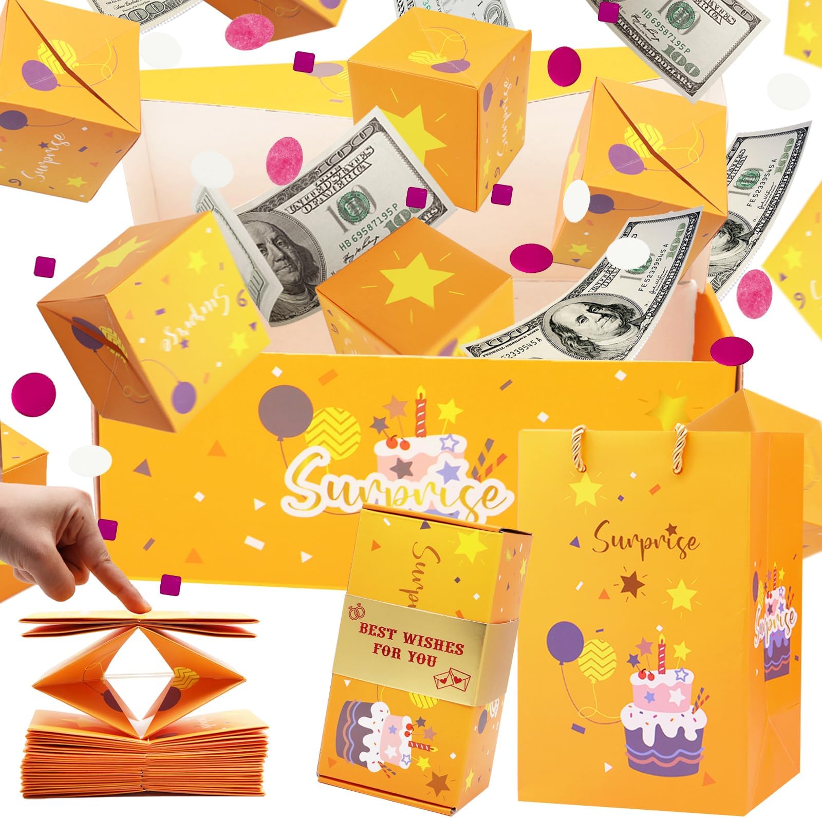 Surprise Gift Box Explosion for Money, Unique Folding Bouncing Red Envelope Gift Box with Confetti, Cash Explosion Luxury for Mom Birthday Anniversary Valentine Proposal (15 Bounces) (Yellow)