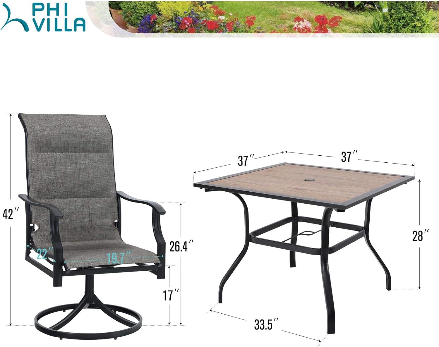 PHI VILLA Outdoor Patio Dining Set 5 Piece, Garden Table and Swivel Chairs Set with 1 Square Wood-Like Patio Table and 4 Padded High Back Dining Chairs for Patio Lawn : Patio, Lawn & Garden