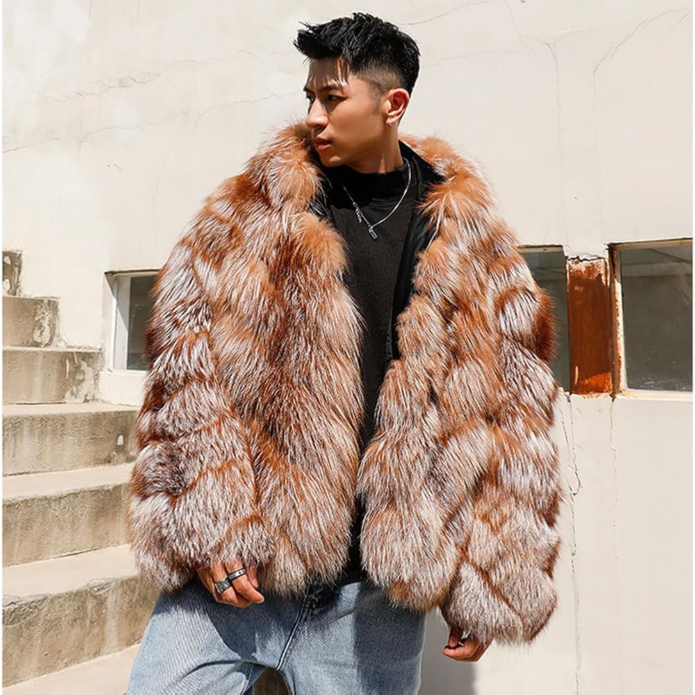 Denny&Dora Men's Hooded Fox Fur Jacket - Winter Warmth in Brown