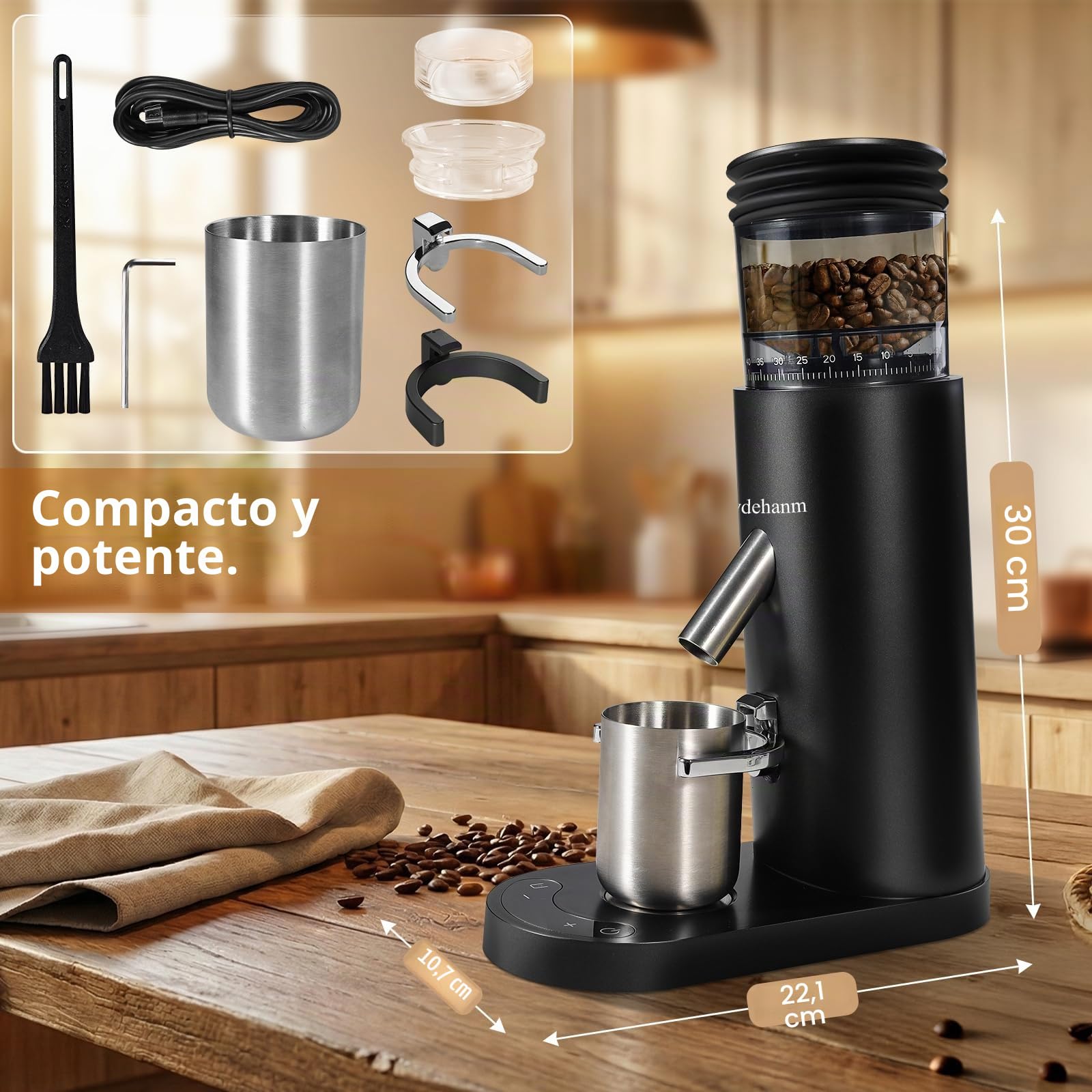 Molinillo de café, recargable, inalámbrico, de acero inoxidable, cónico, con soplador de aire, 60 ajustes de molienda, antiestático, compacto y silencioso para el hogar, oficina, camping, color negro