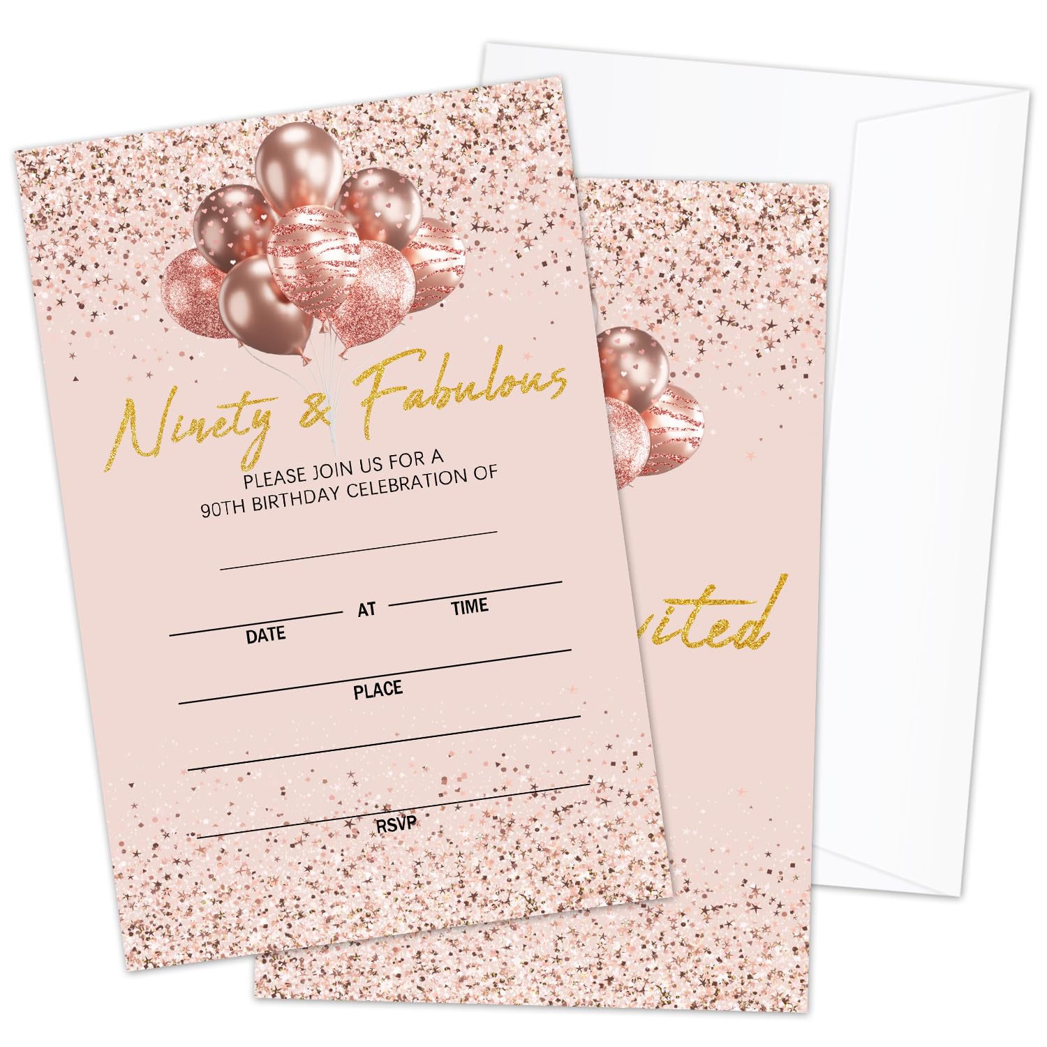 AWDSTN 90th Birthday Party Invitations with Envelopes, Rose Gold Ninety & Fabulous Birthday Party Invites, 20 Set Birthday Party Celebration Supplies