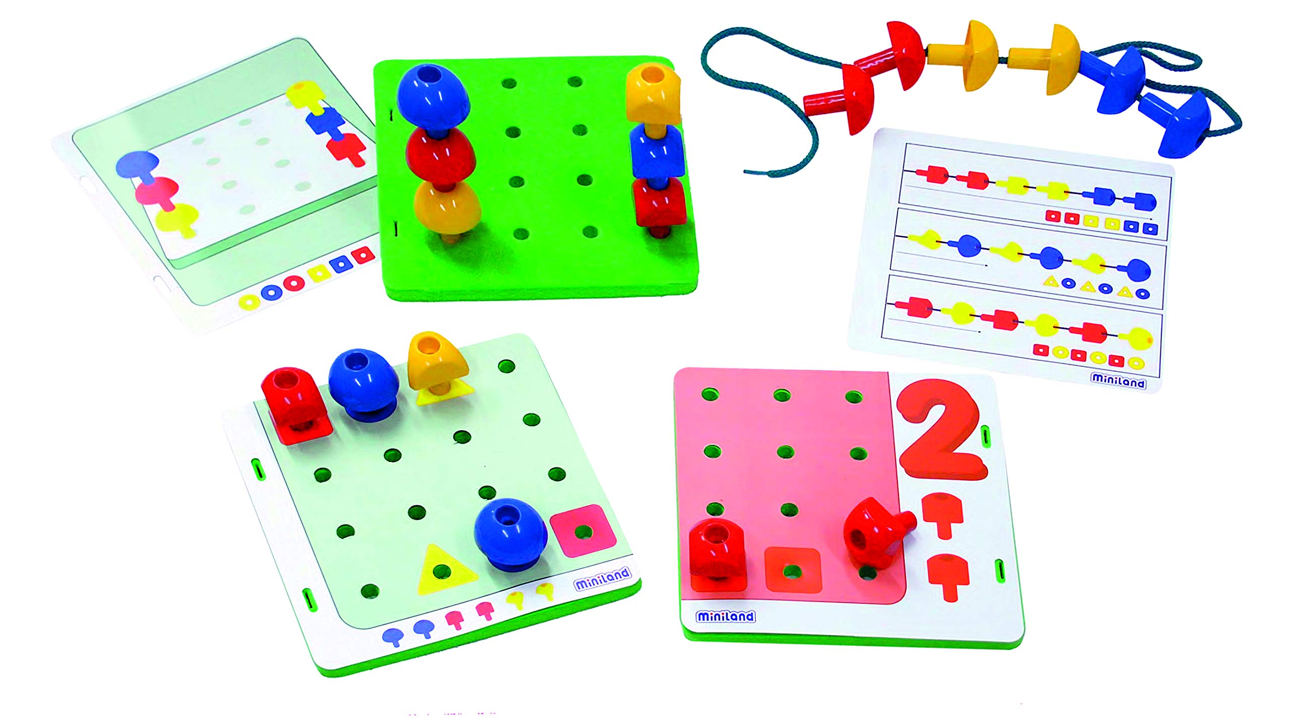 Miniland Activity Pins, Lernspiel, Steck- und Fädelspiel mathematische Konzepte, 144 Stecker + 18 Vorlagen + 4 Platten + 10 Schnüre-31785