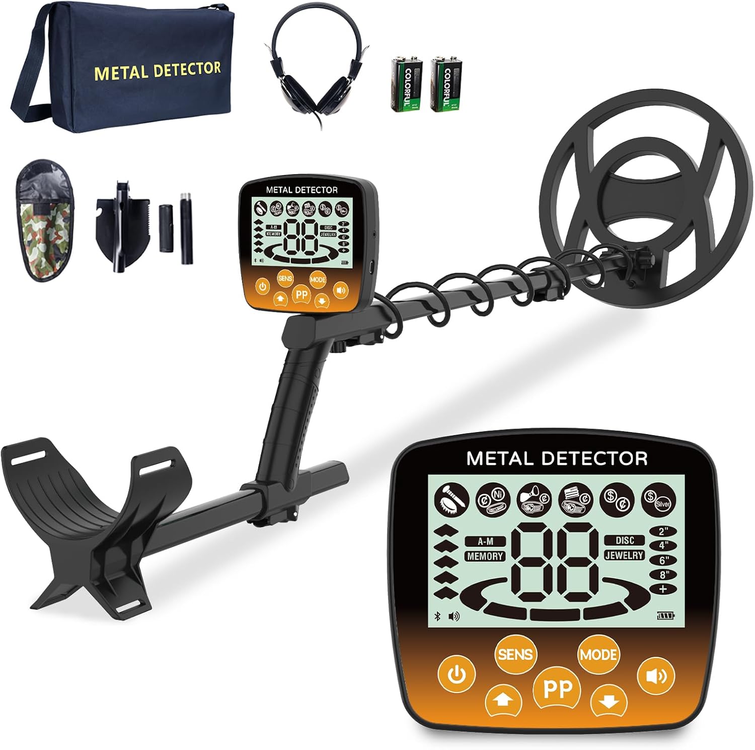 Metal Detector for Adults, 10" IP68 Waterproof Professional Metal Detectors, 5 Modes High Accuracy Detector de metales oro y Plata, Gold Detector/Tester with Shovel, Bags, Headphones(Yellow) Orange