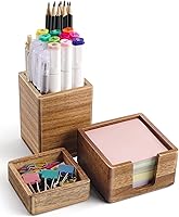 SWKHDKX Acacia Wood Desk Organizer Set: Pen Cup, Sticky Note & Paper Clip Holder - Rustic Office Accessories (3-Piece)